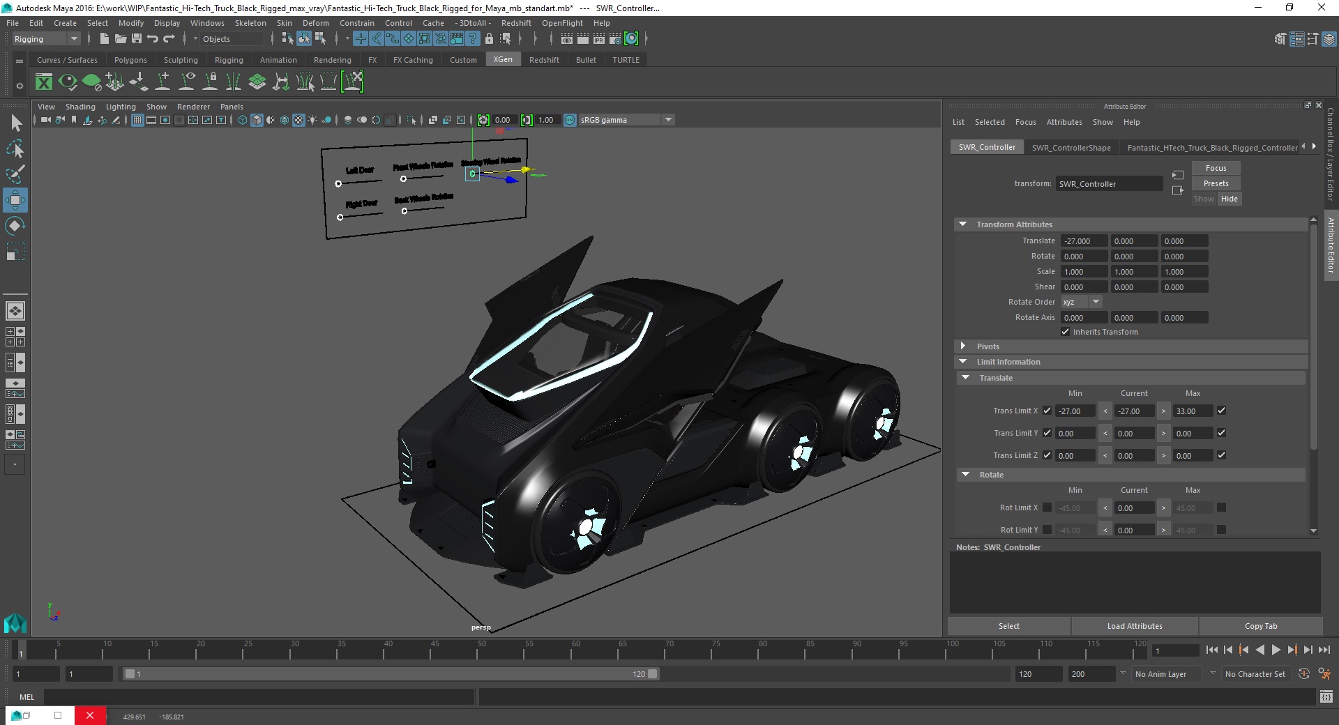 3D model Fantastic Hi-Tech Truck Black Rigged for Maya