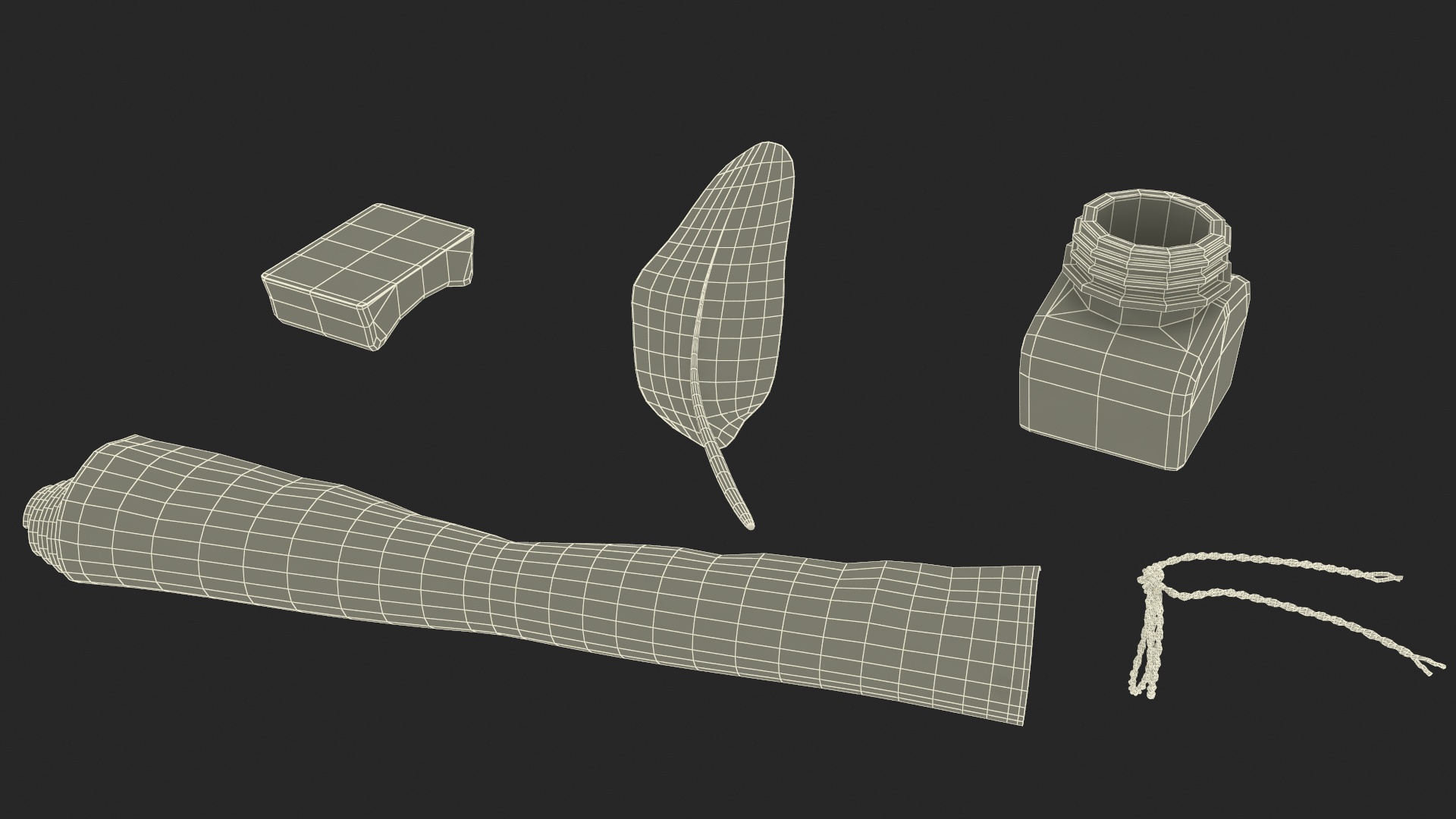 3D Old Rolled Paper with Quill Dark Feather Ink Set model