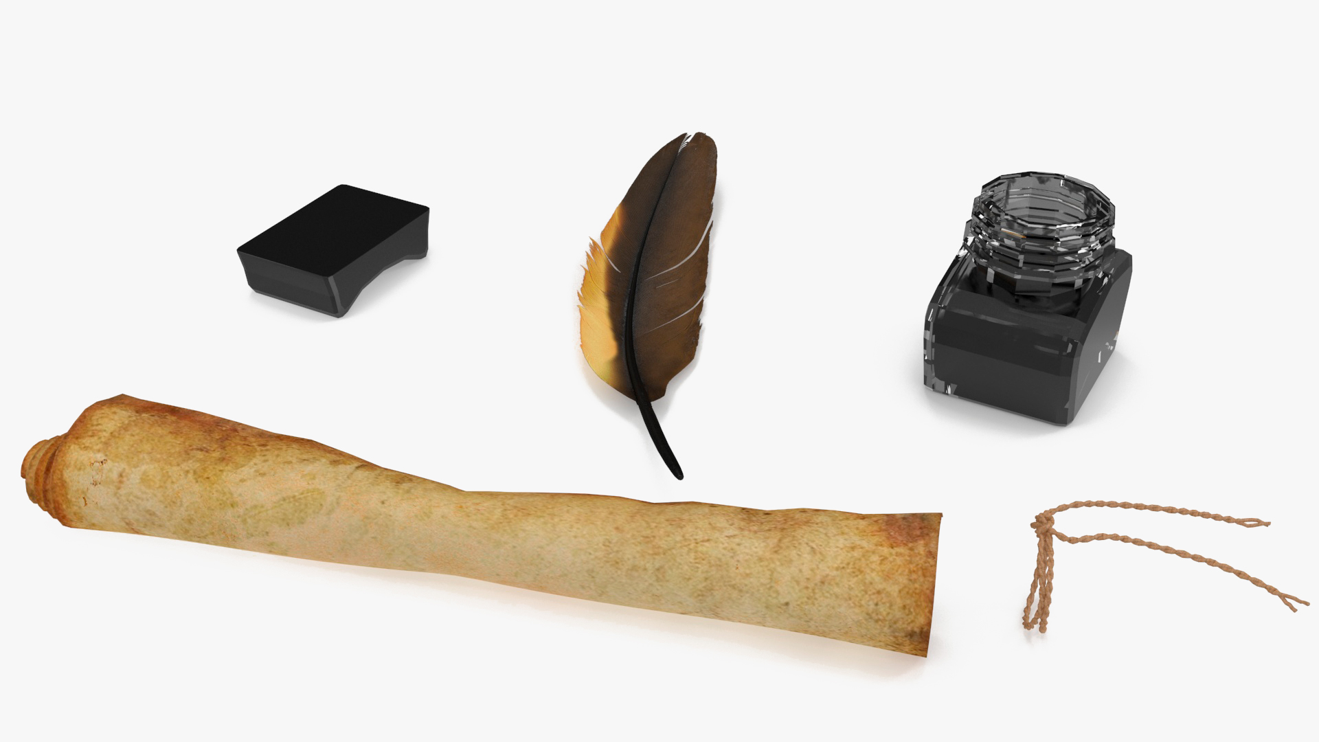3D Old Rolled Paper with Quill Dark Feather Ink Set model