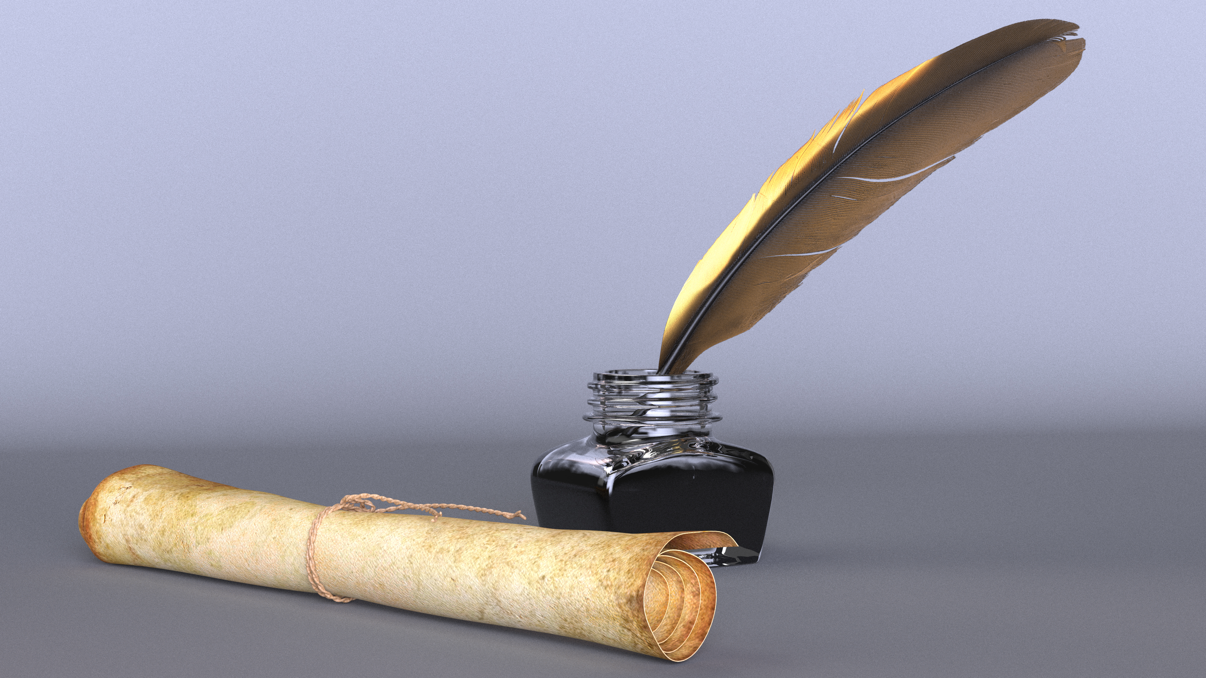 3D Old Rolled Paper with Quill Dark Feather Ink Set model