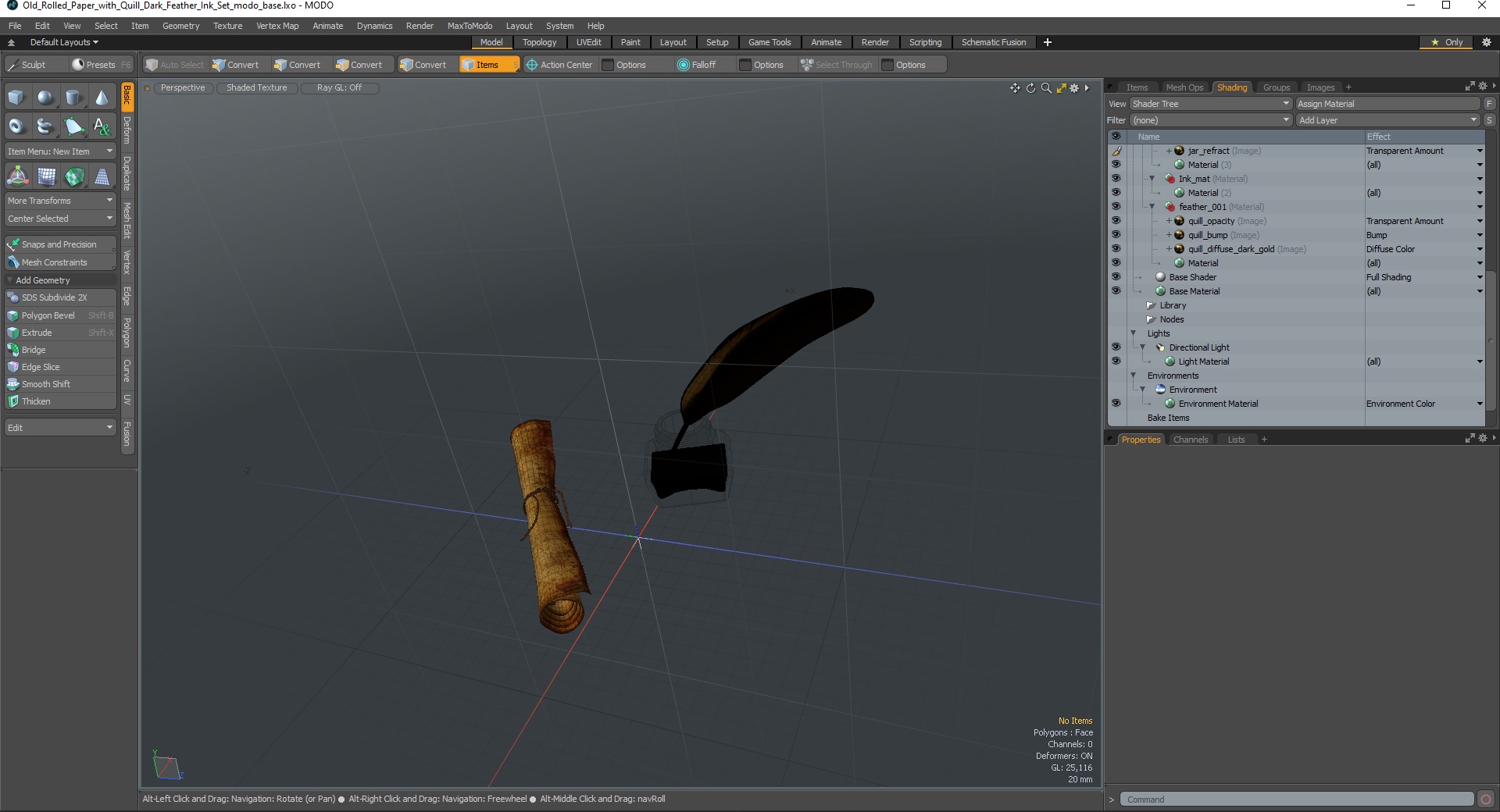 3D Old Rolled Paper with Quill Dark Feather Ink Set model