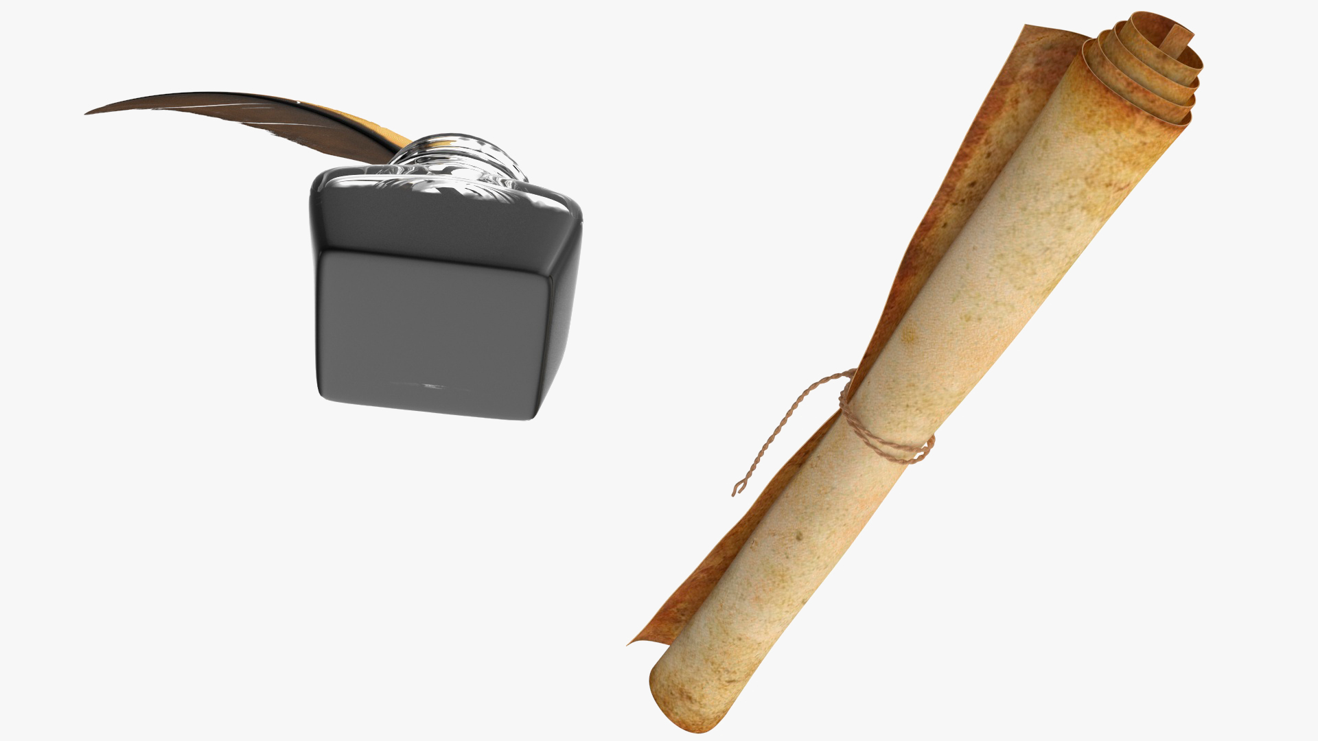 3D Old Rolled Paper with Quill Dark Feather Ink Set model