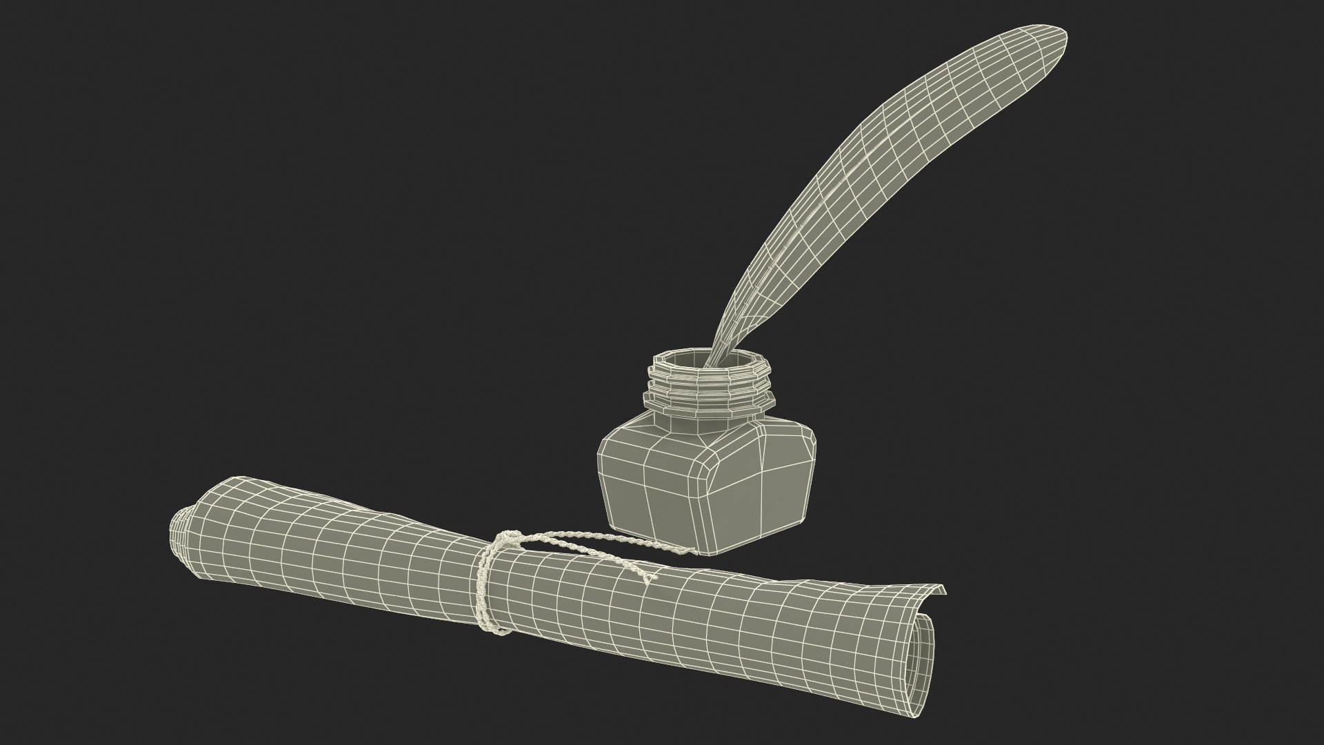 3D Old Rolled Paper with Quill Dark Feather Ink Set model