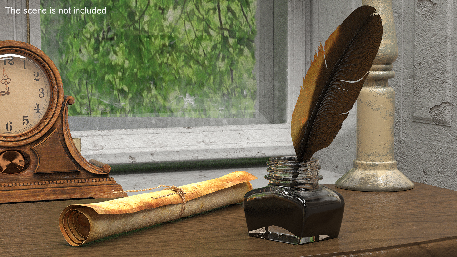 3D Old Rolled Paper with Quill Dark Feather Ink Set model