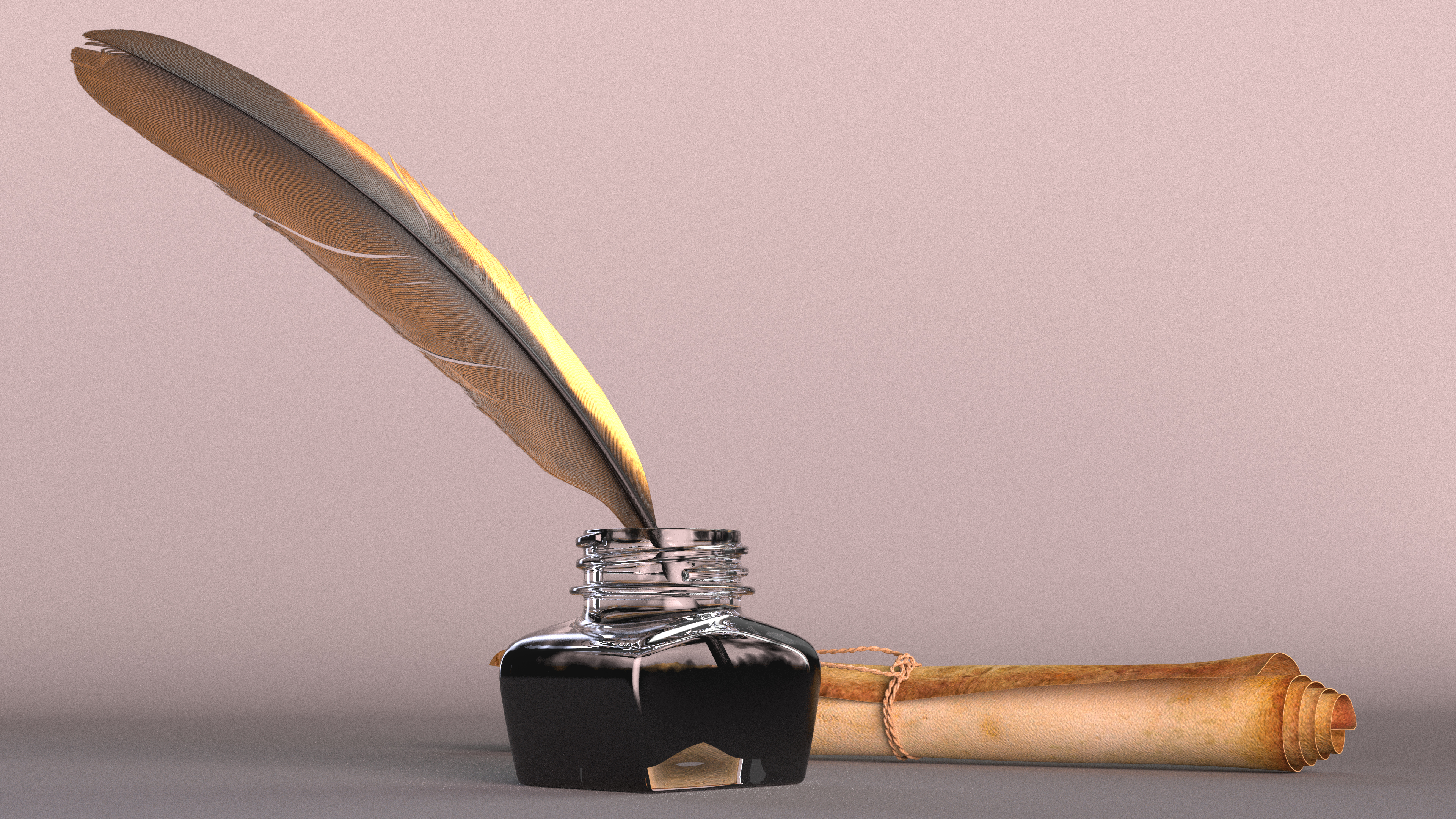 3D Old Rolled Paper with Quill Dark Feather Ink Set model