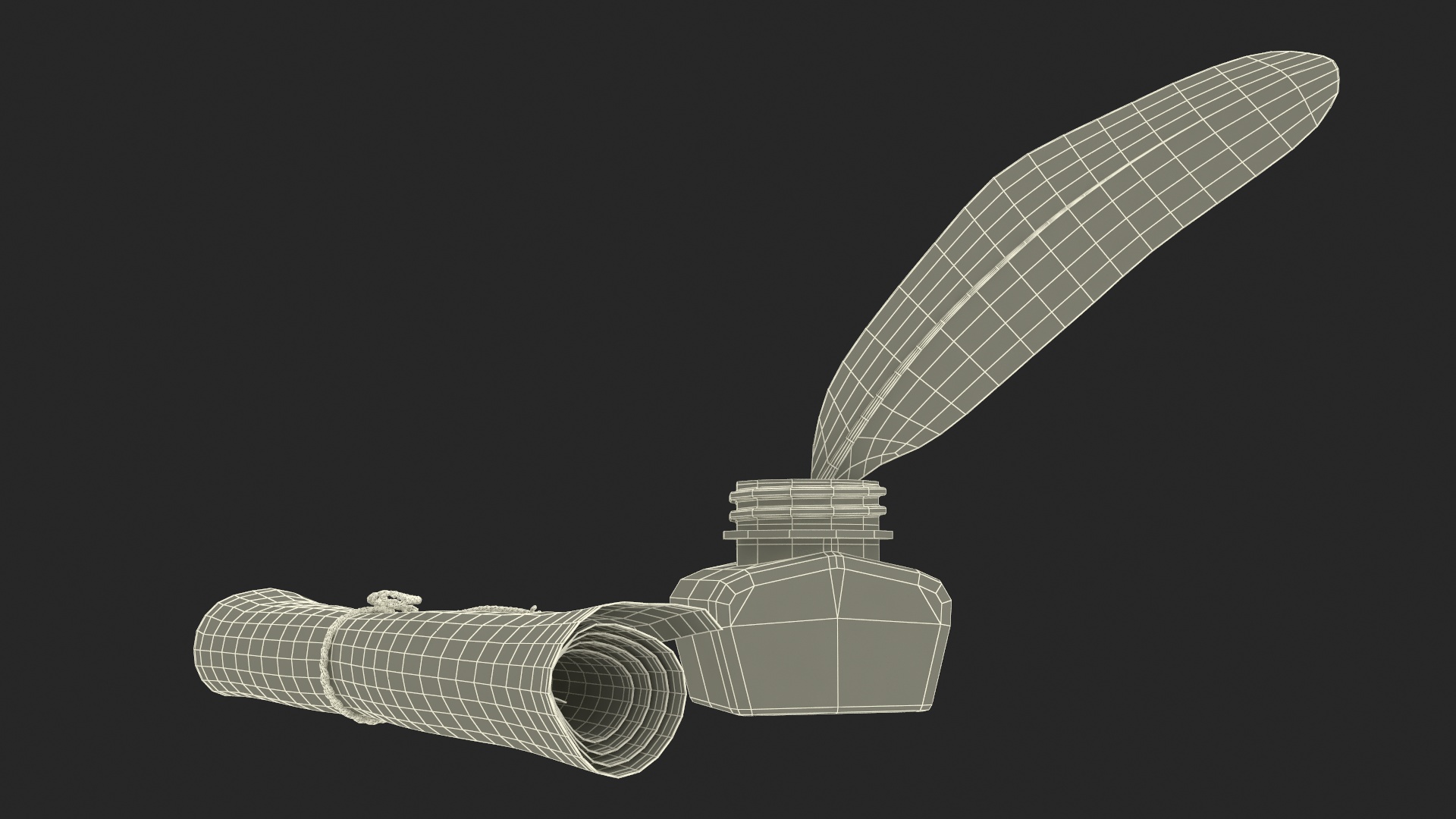 3D Old Rolled Paper with Quill Dark Feather Ink Set model