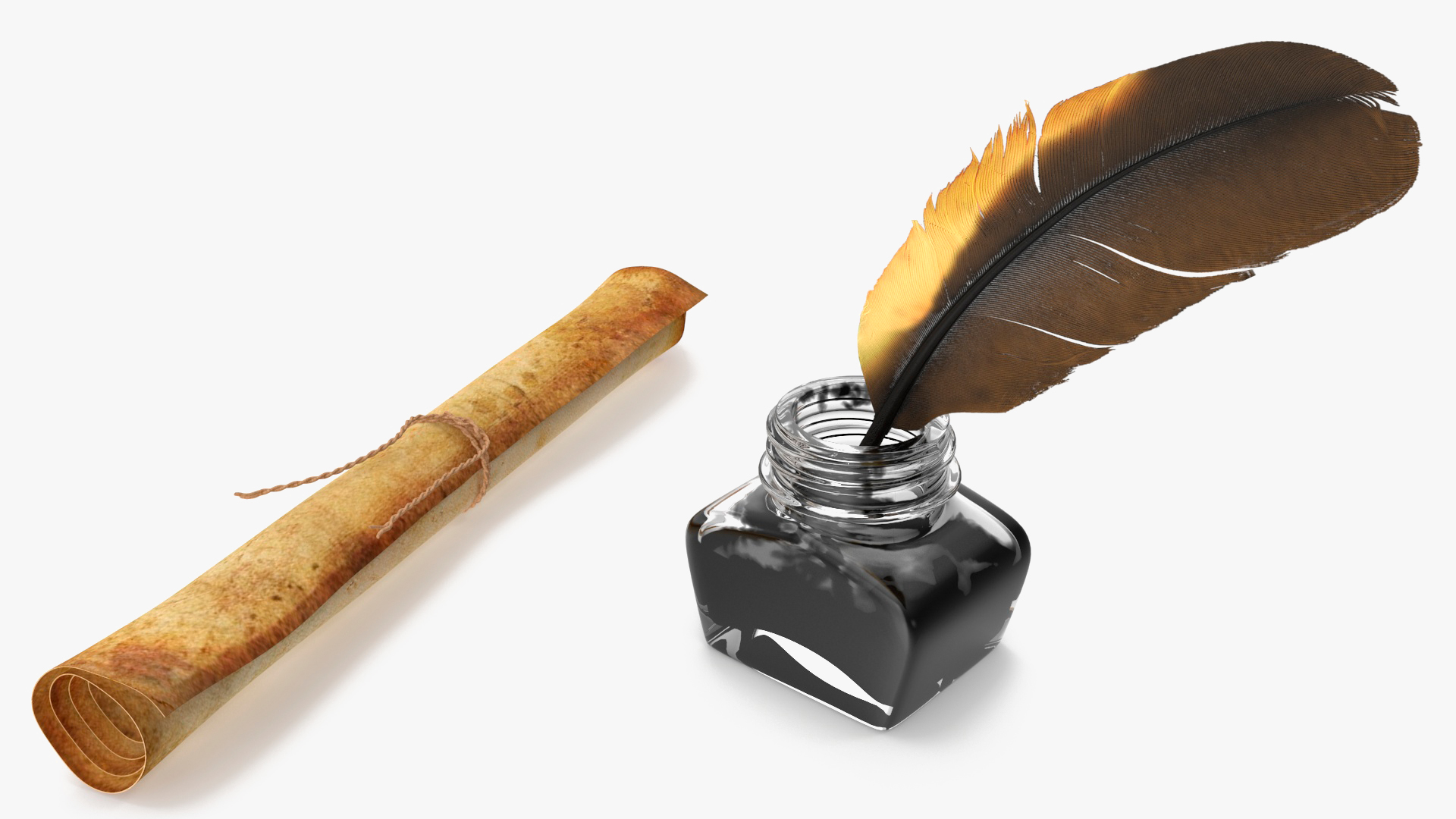 3D Old Rolled Paper with Quill Dark Feather Ink Set model