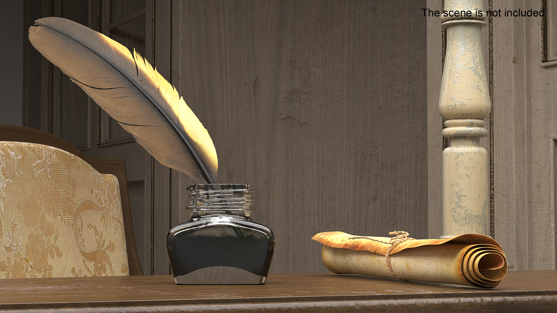 3D Old Rolled Paper with Quill Dark Feather Ink Set model