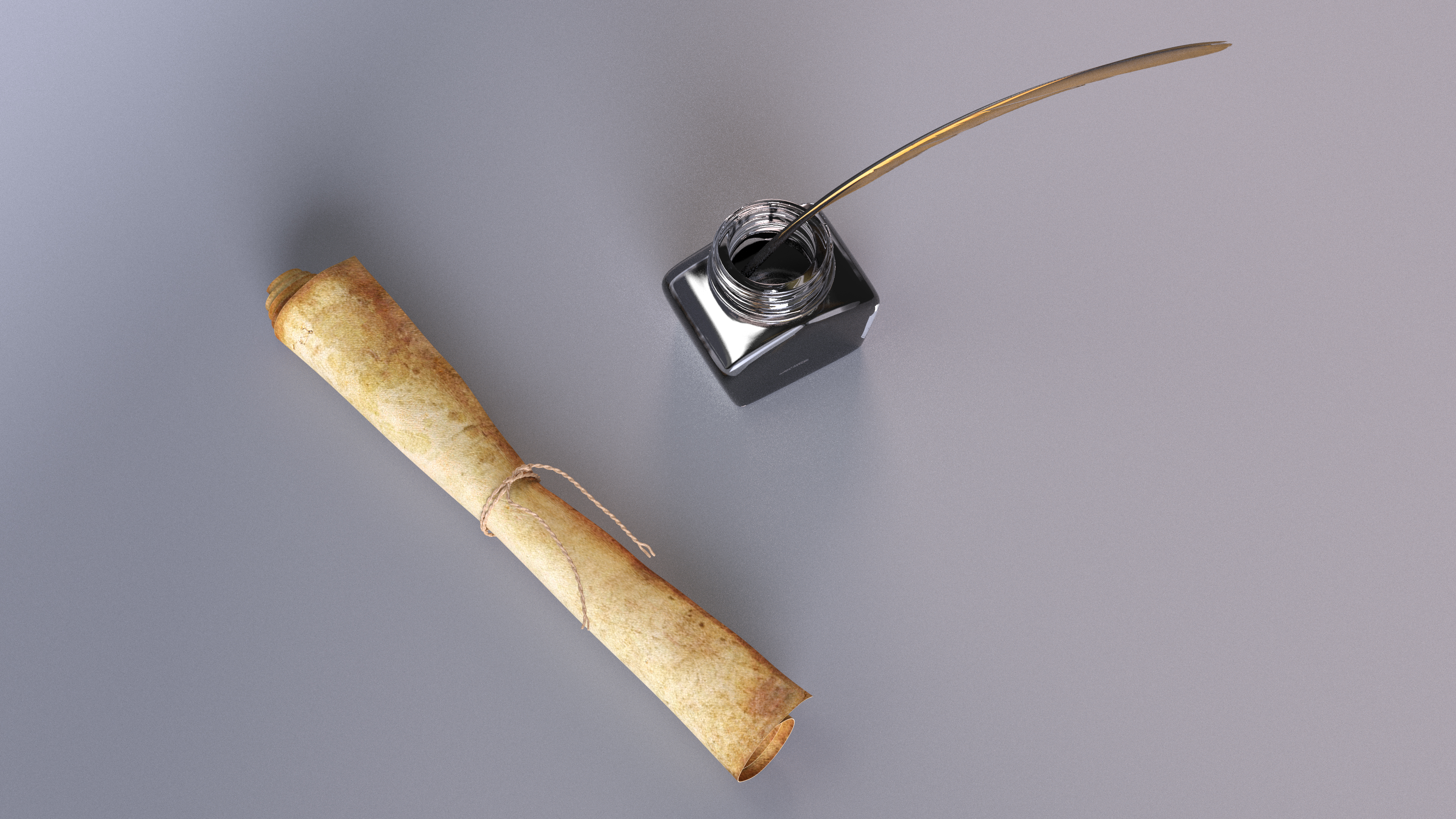 3D Old Rolled Paper with Quill Dark Feather Ink Set model
