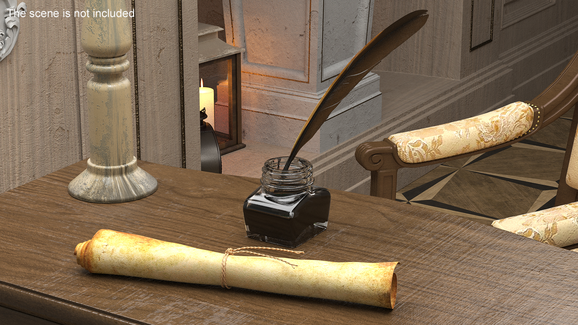 3D Old Rolled Paper with Quill Dark Feather Ink Set model