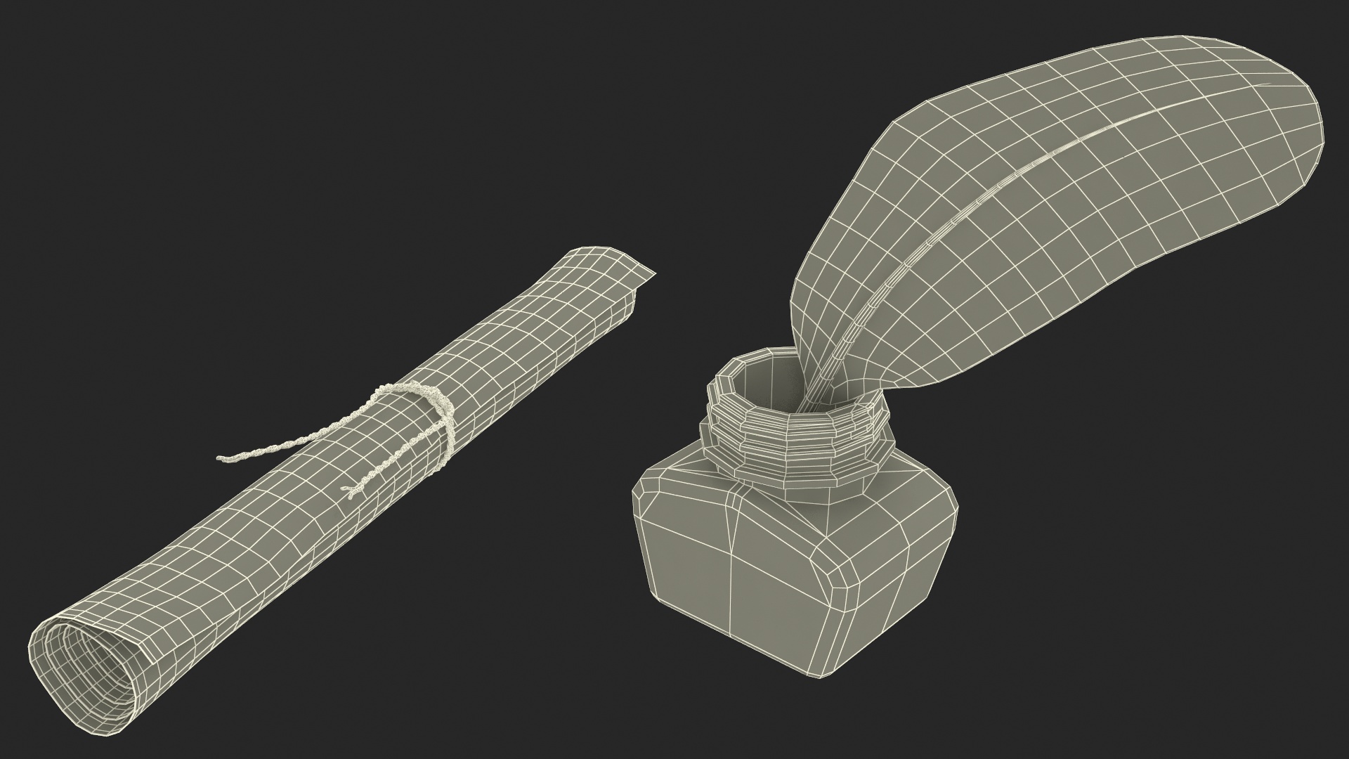 3D Old Rolled Paper with Quill Dark Feather Ink Set model
