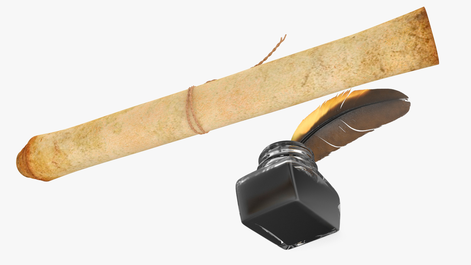 3D Old Rolled Paper with Quill Dark Feather Ink Set model