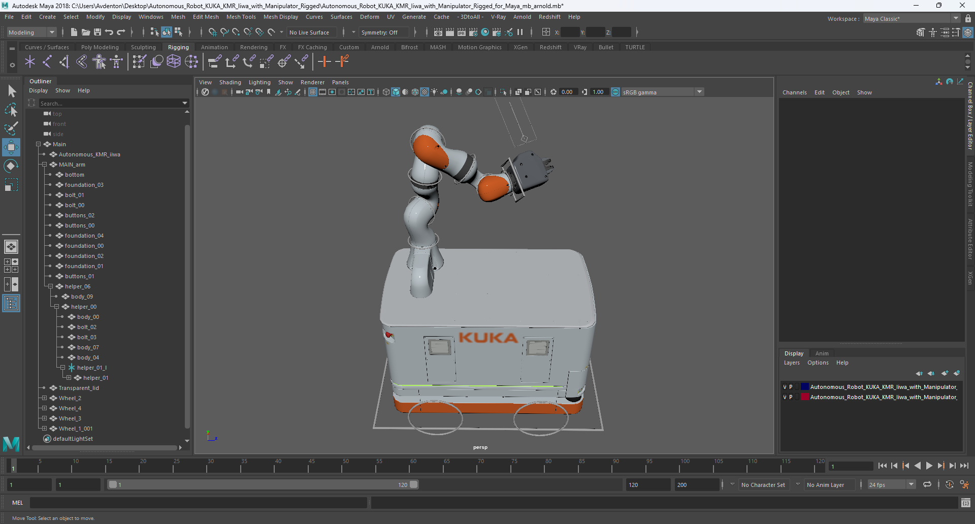 3D Autonomous Robot KUKA KMR Iiwa with Manipulator Rigged for Maya model