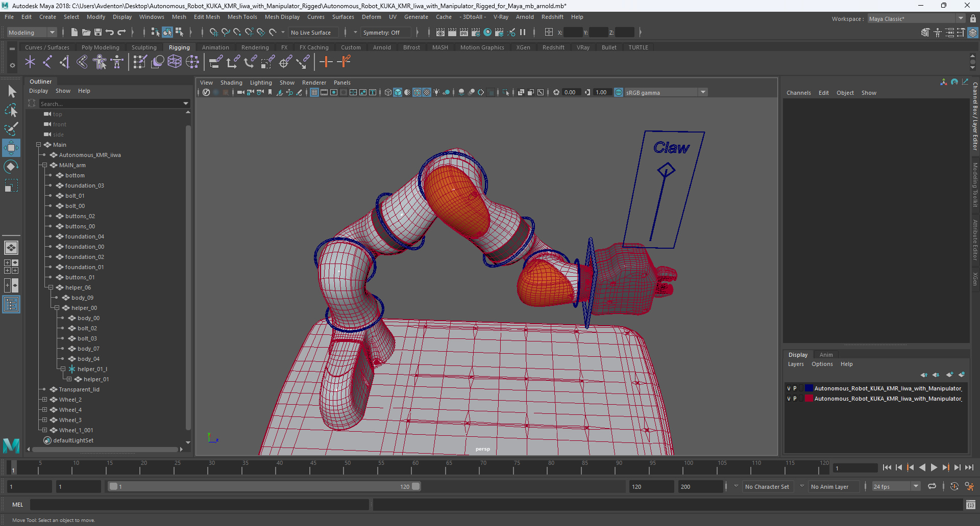 3D Autonomous Robot KUKA KMR Iiwa with Manipulator Rigged for Maya model