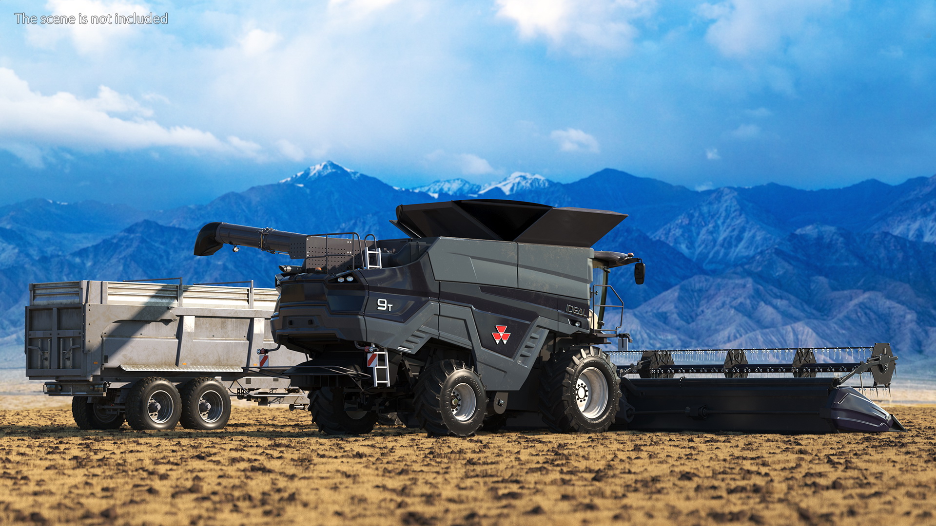Harvester Massey Ferguson with Tractor with Agricultural Trailer 3D model