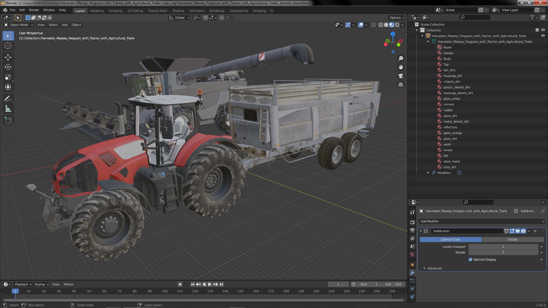 Harvester Massey Ferguson with Tractor with Agricultural Trailer 3D model