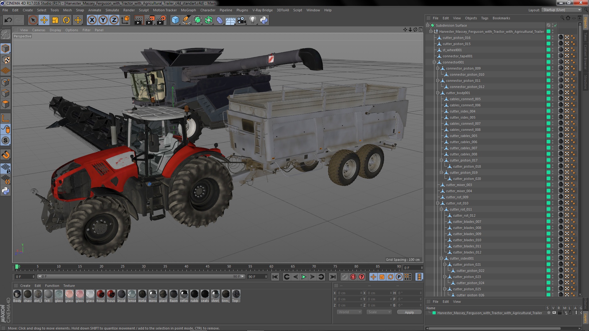 Harvester Massey Ferguson with Tractor with Agricultural Trailer 3D model