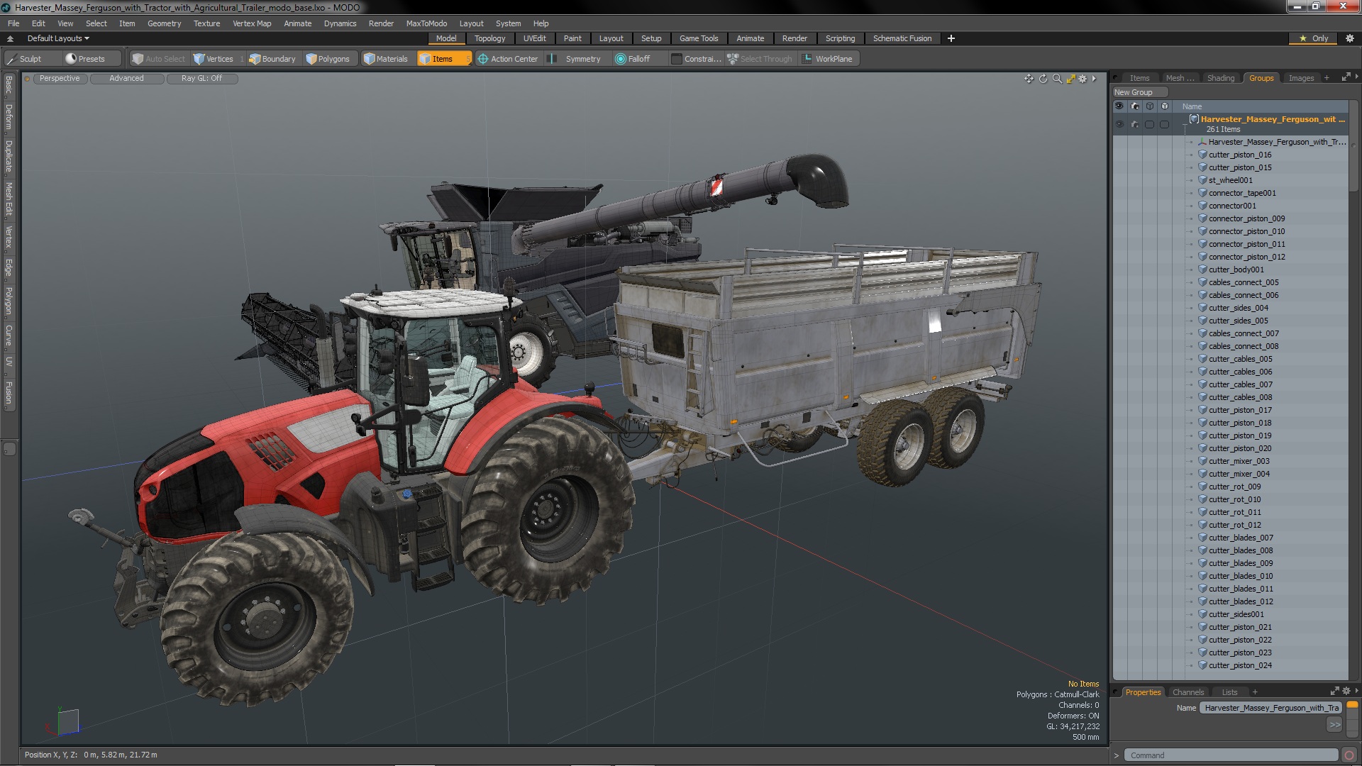Harvester Massey Ferguson with Tractor with Agricultural Trailer 3D model
