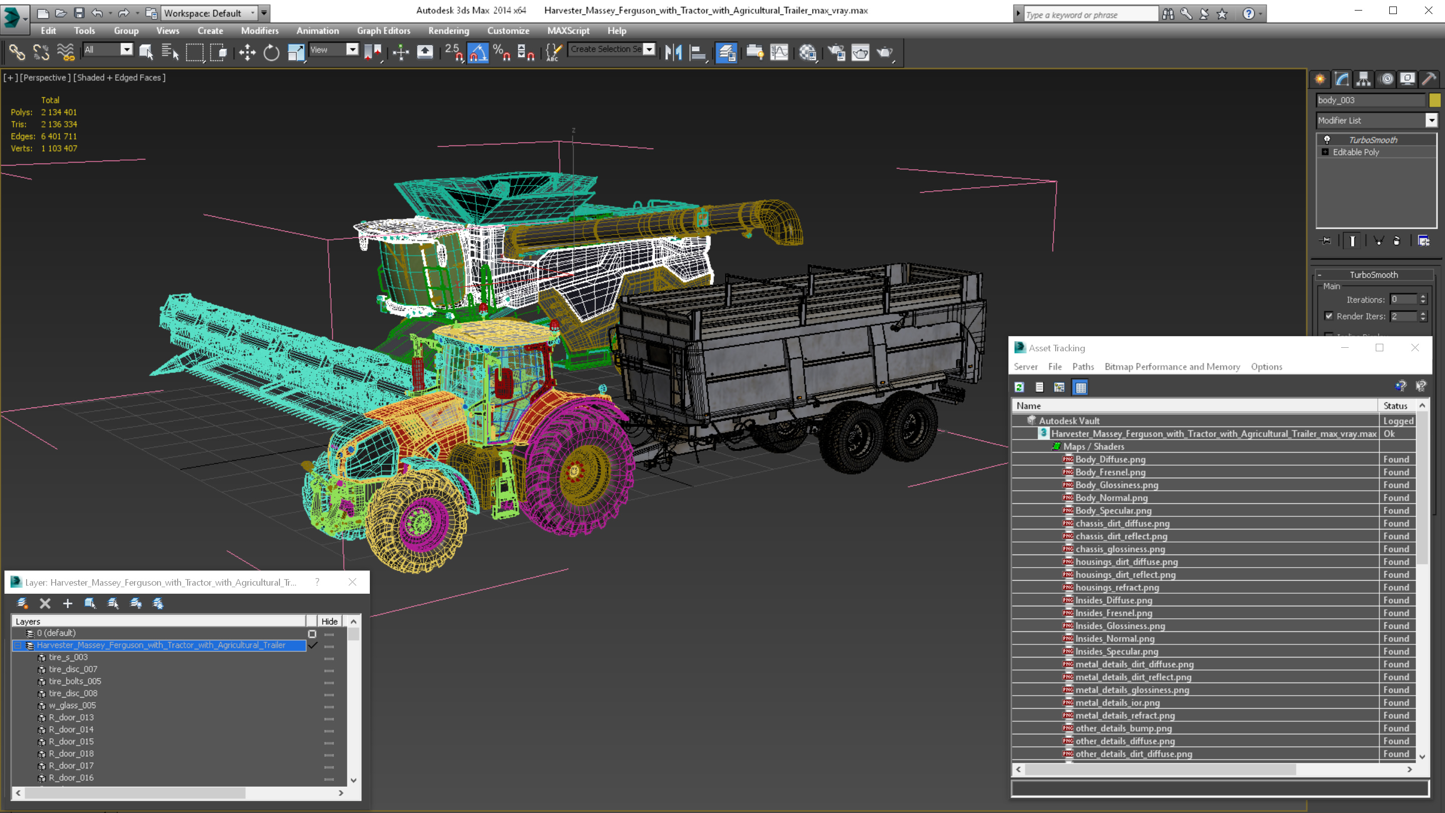 Harvester Massey Ferguson with Tractor with Agricultural Trailer 3D model