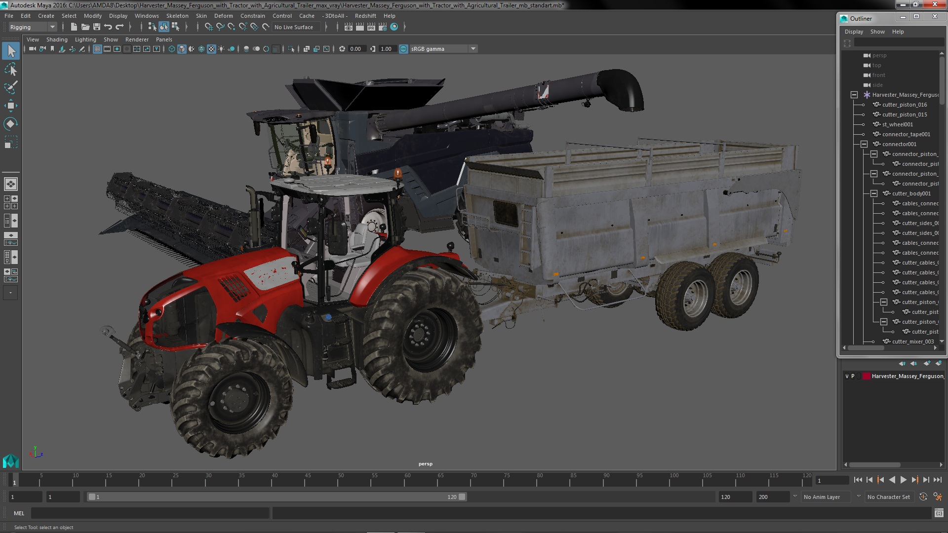 Harvester Massey Ferguson with Tractor with Agricultural Trailer 3D model