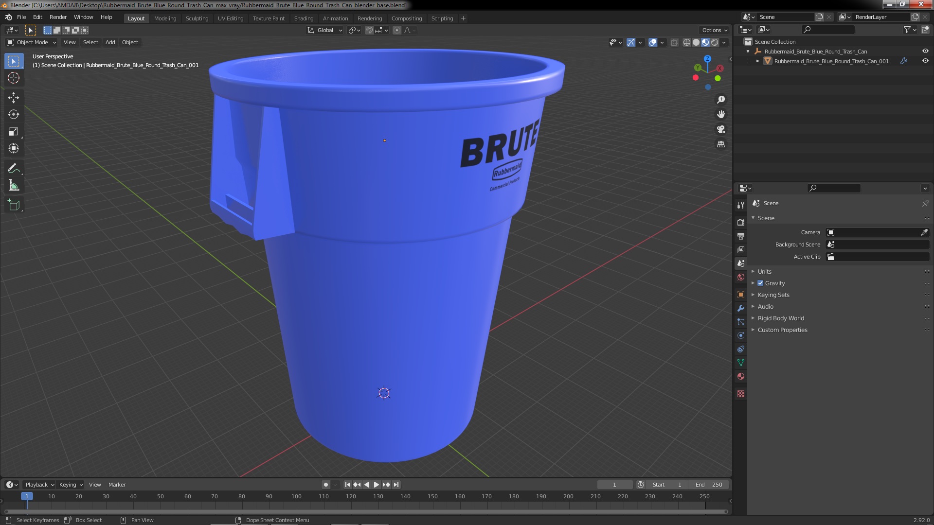 Rubbermaid Brute Blue Round Trash Can 3D