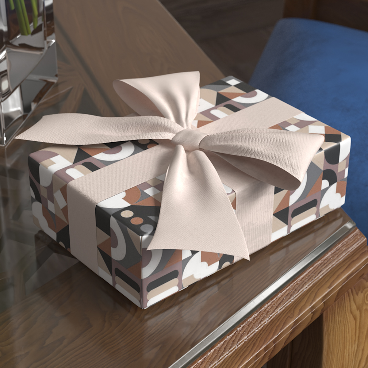 Abstract Pattern Gift Box with Bow Beige 3D model preview