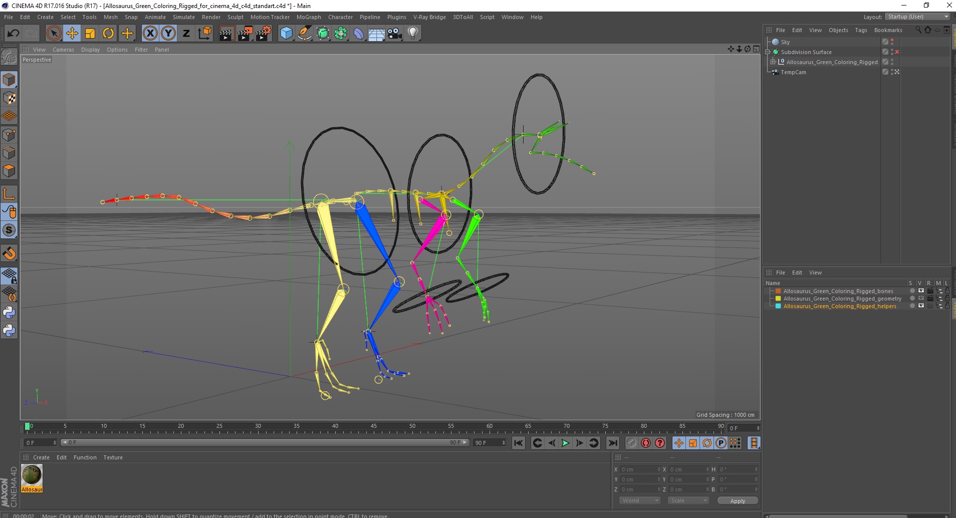 3D Allosaurus Green Coloring Rigged for Cinema 4D