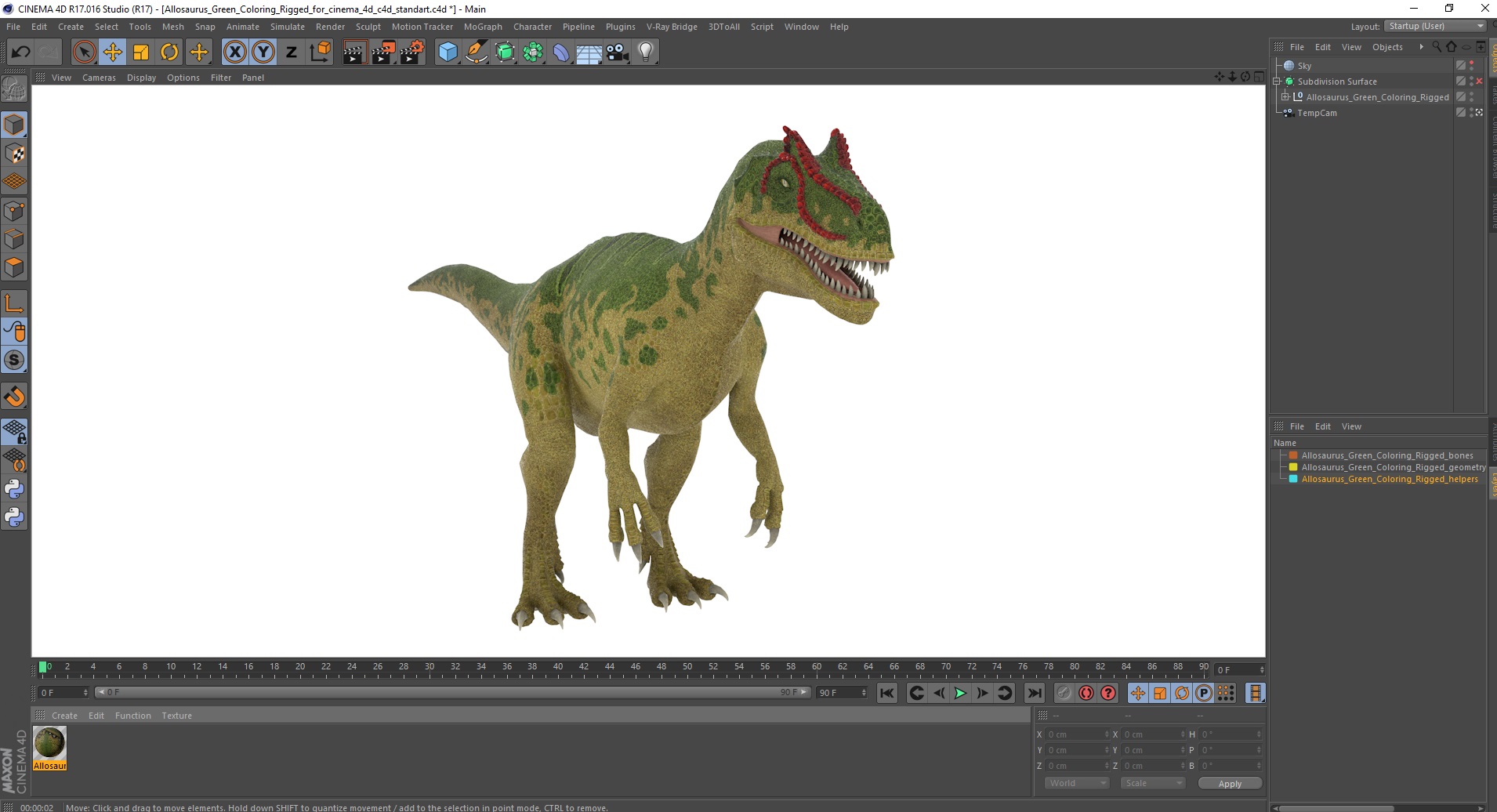 3D Allosaurus Green Coloring Rigged for Cinema 4D