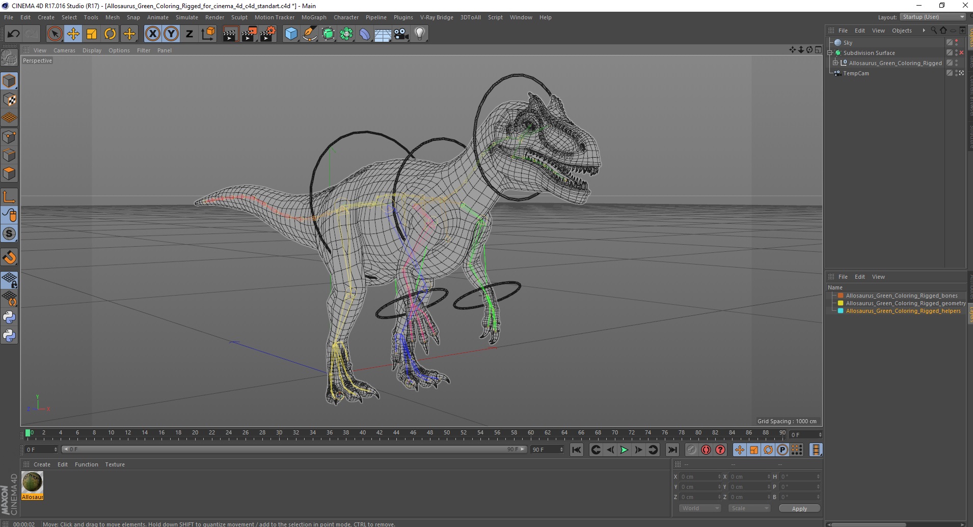 3D Allosaurus Green Coloring Rigged for Cinema 4D