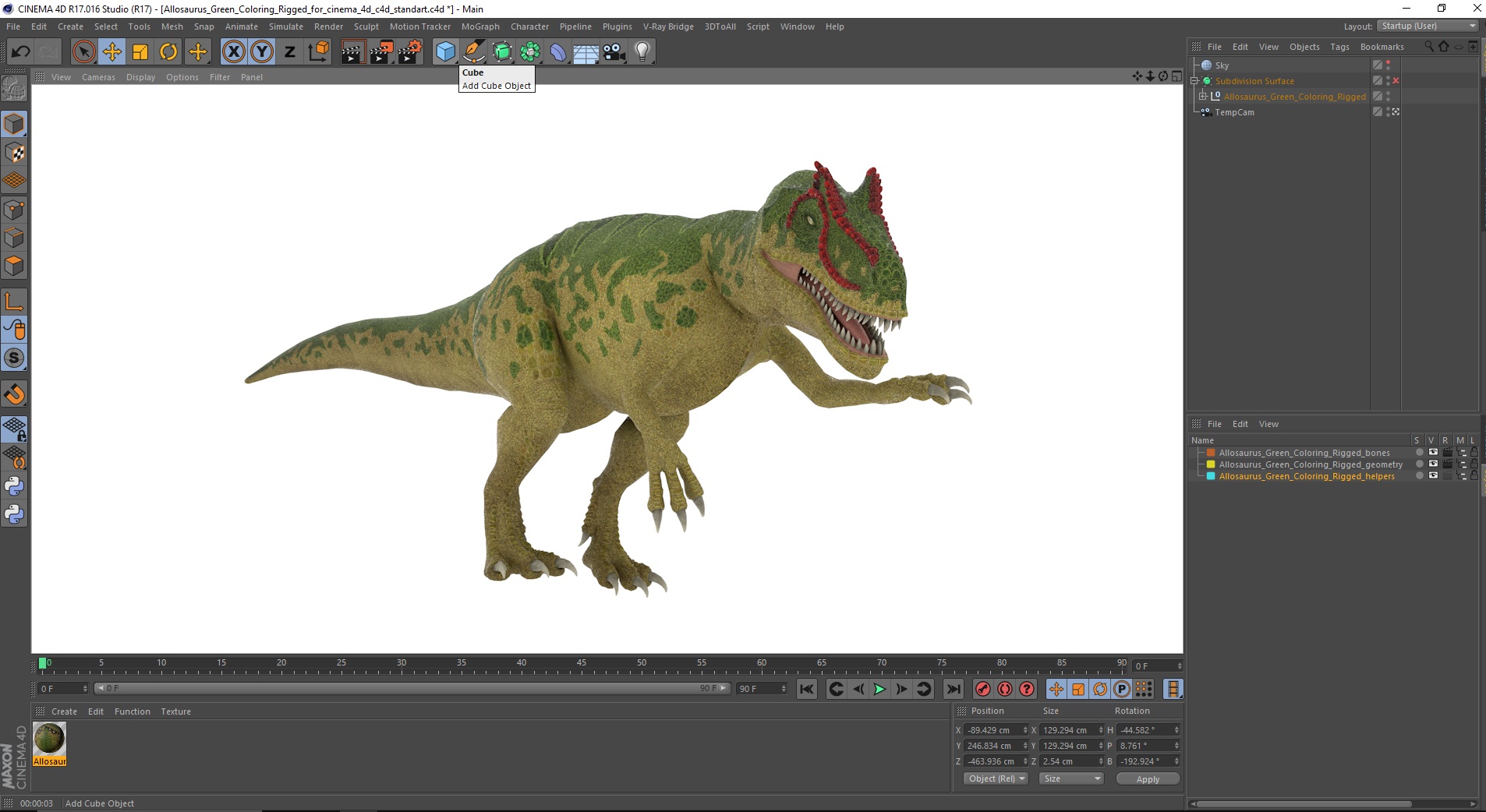 3D Allosaurus Green Coloring Rigged for Cinema 4D