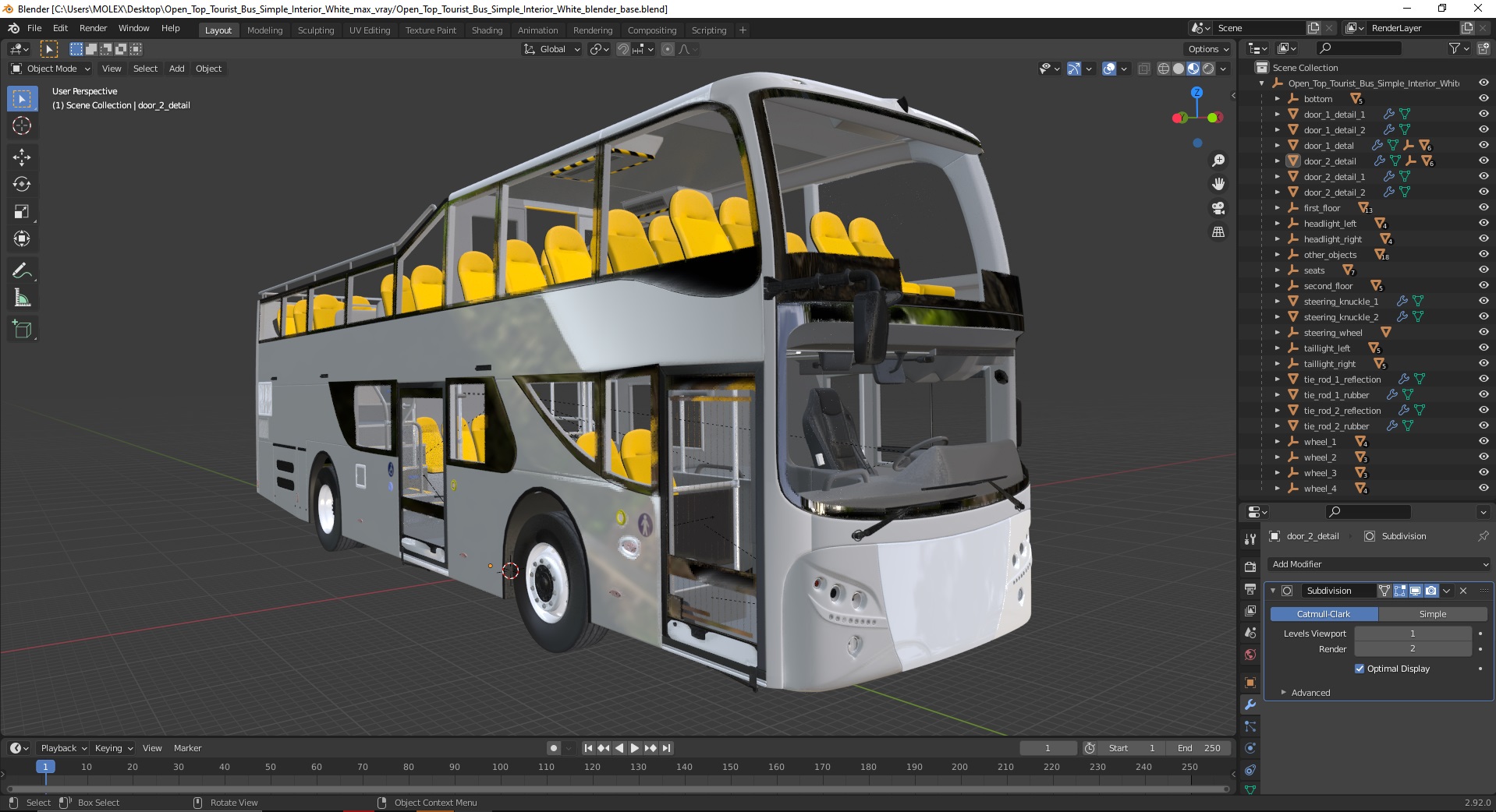 Open Top Tourist Bus Simple Interior White 3D