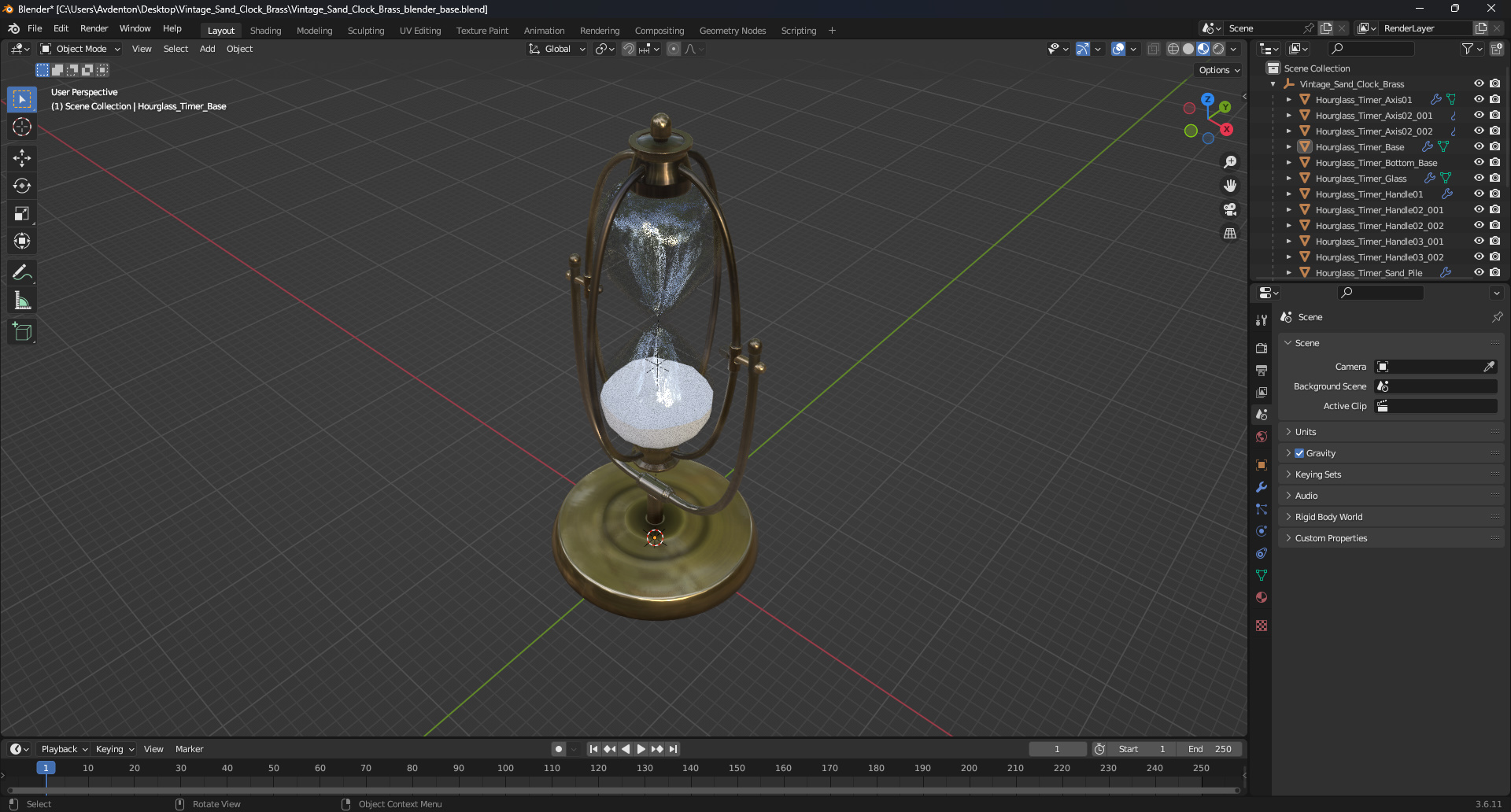 Vintage Sand Clock Brass 3D model