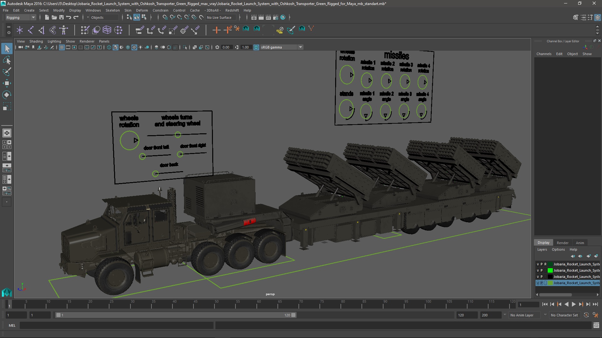 3D model Jobaria Rocket Launch System with Oshkosh Transporter Green Rigged for Maya