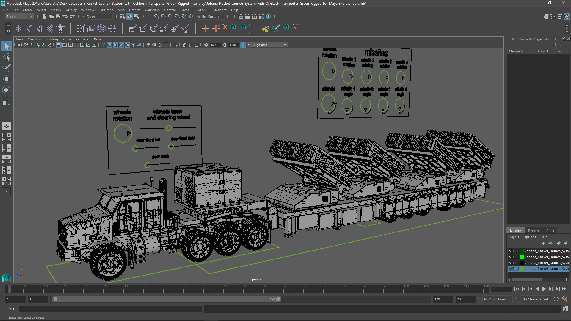 3D model Jobaria Rocket Launch System with Oshkosh Transporter Green Rigged for Maya