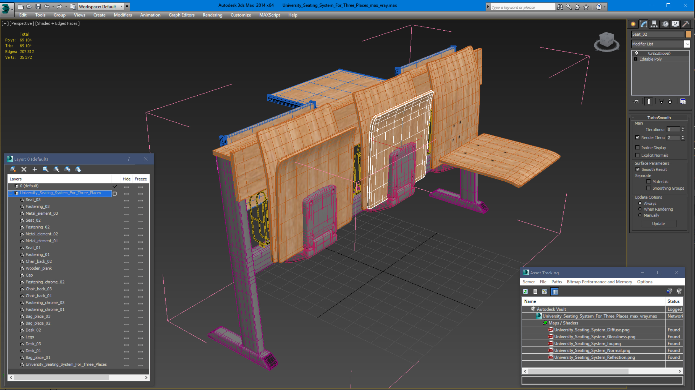 University Seating System For Three Places 3D