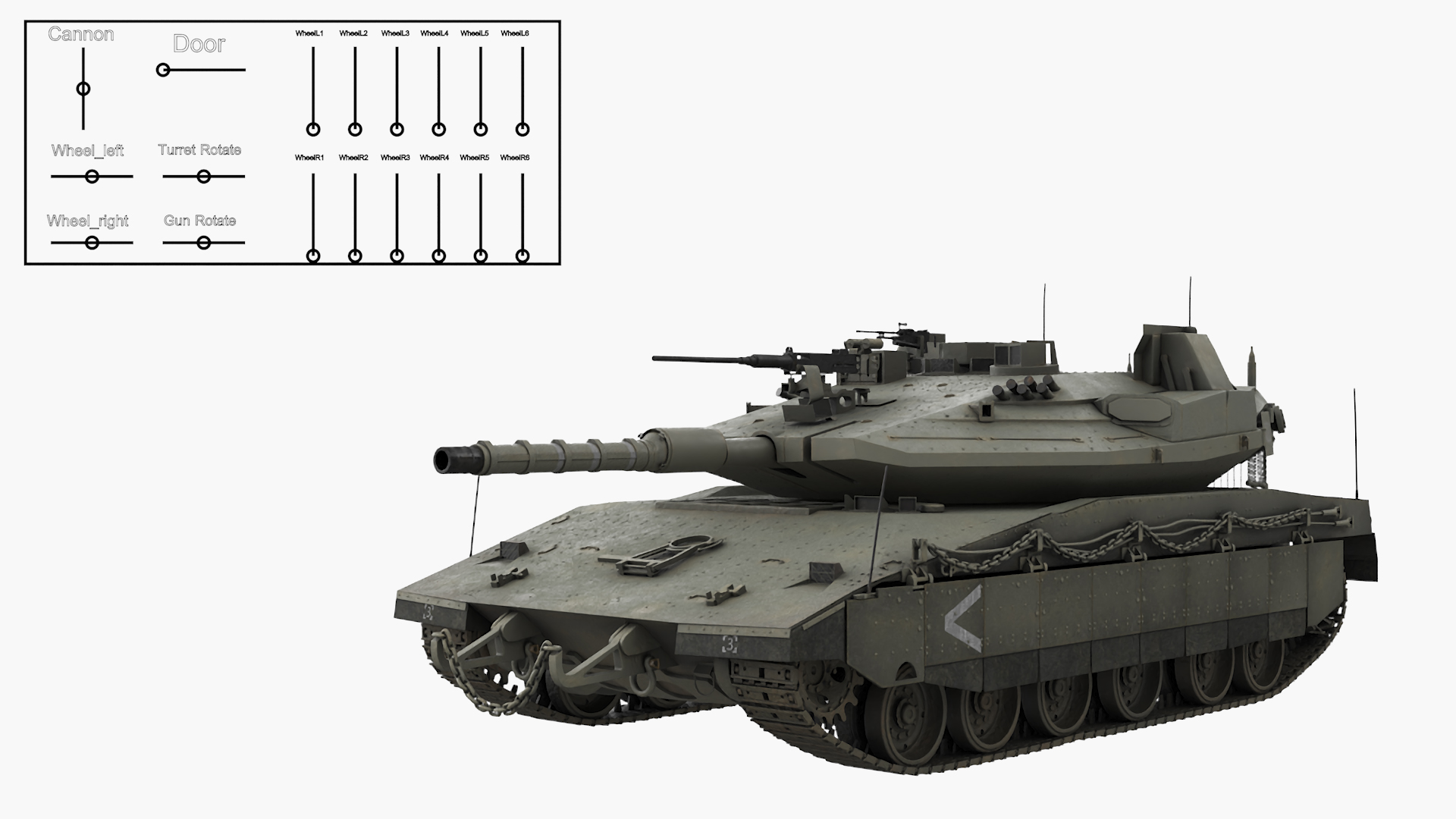 3D model Dirty Israeli Tank Merkava 5 Olive Rigged for Maya