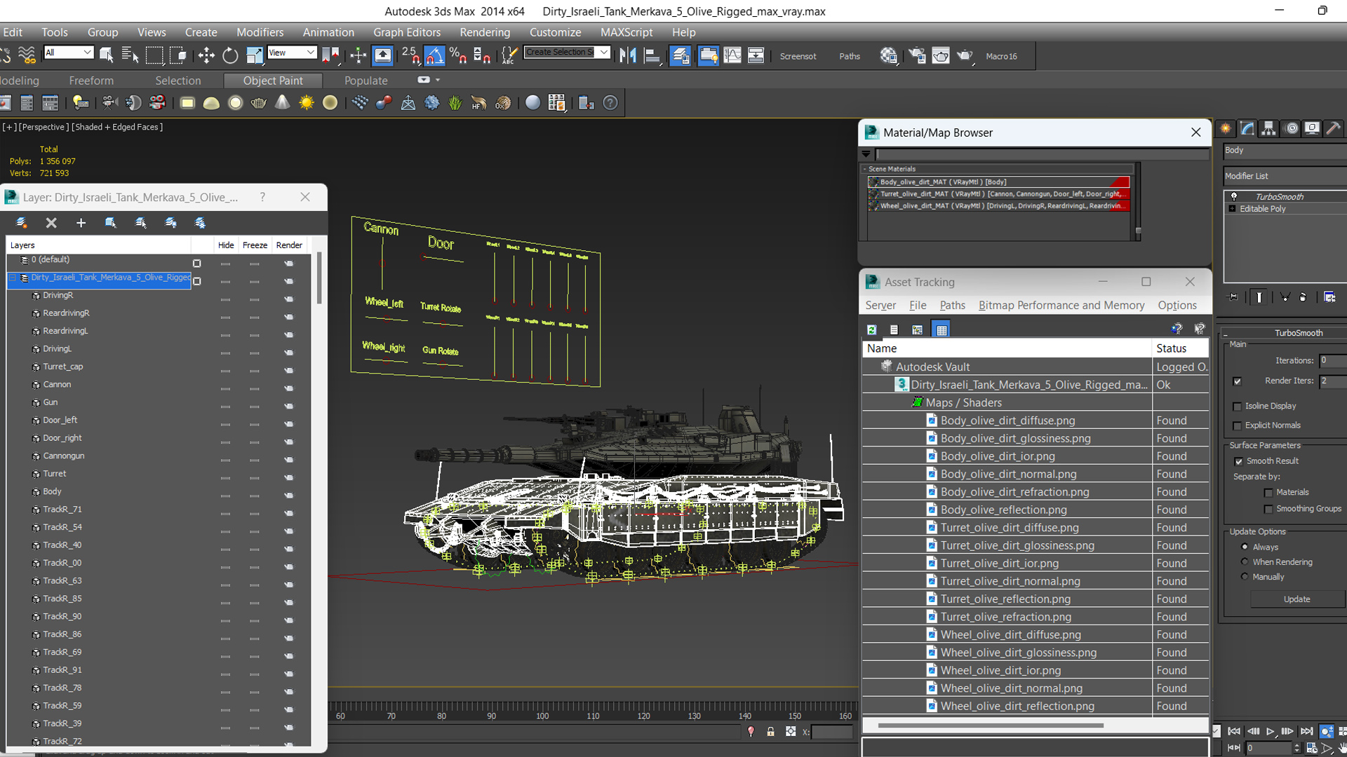3D model Dirty Israeli Tank Merkava 5 Olive Rigged for Maya