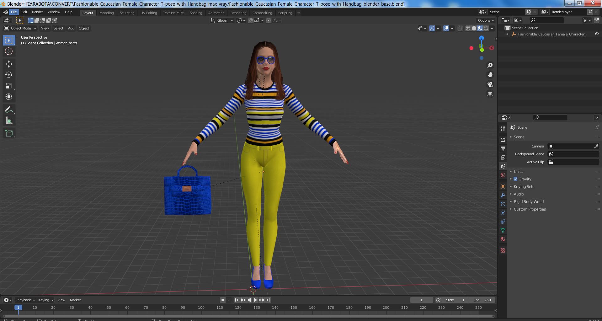 3D Fashionable Caucasian Female Character T-pose with Handbag model