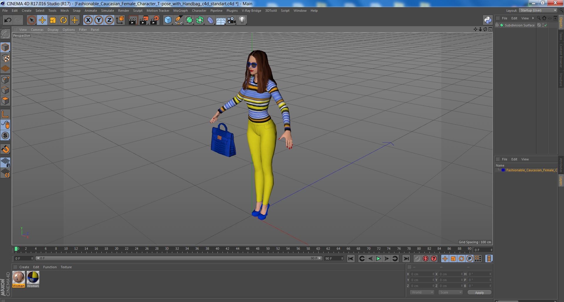 3D Fashionable Caucasian Female Character T-pose with Handbag model
