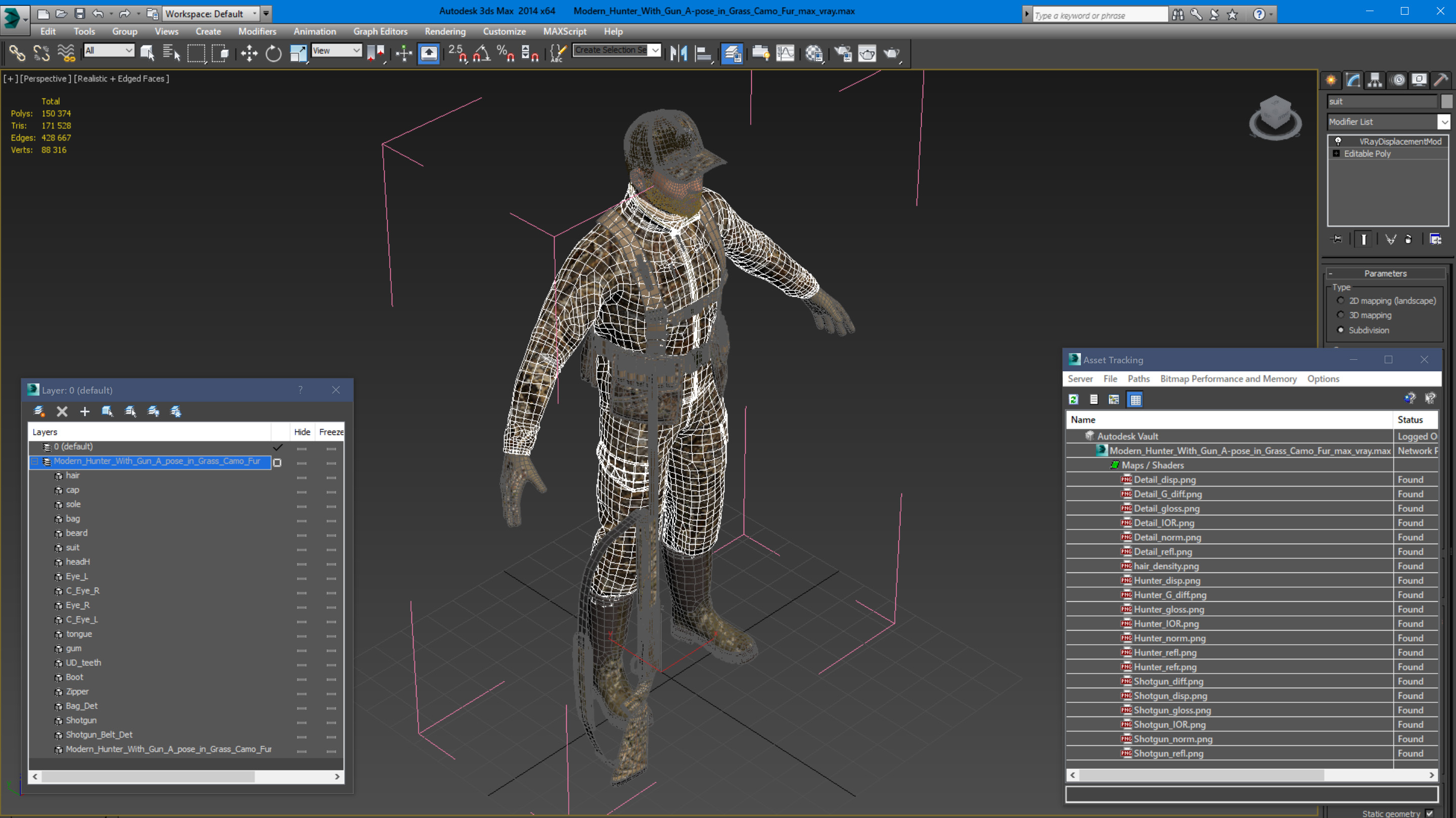 Modern Hunter With Gun A-pose in Grass Camo Fur 3D