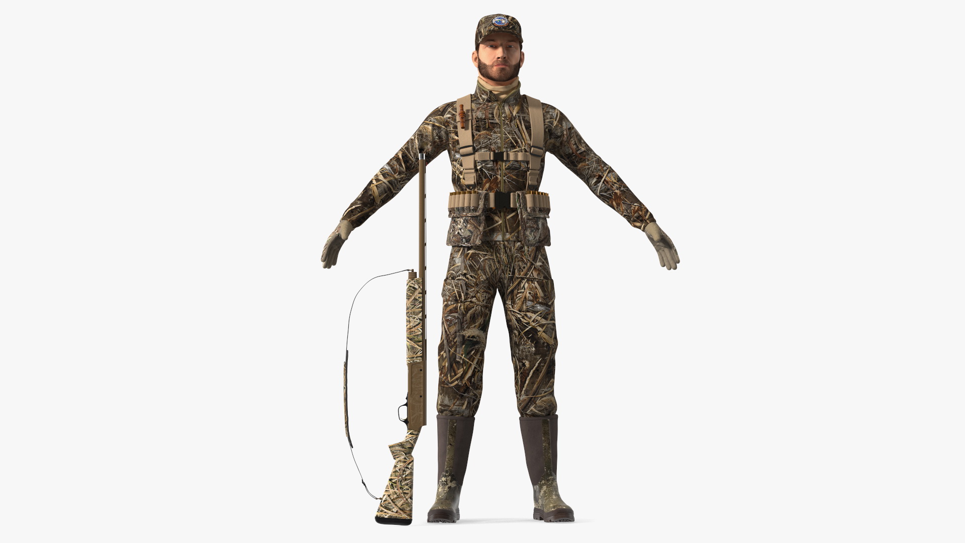 Modern Hunter With Gun A-pose in Grass Camo Fur 3D