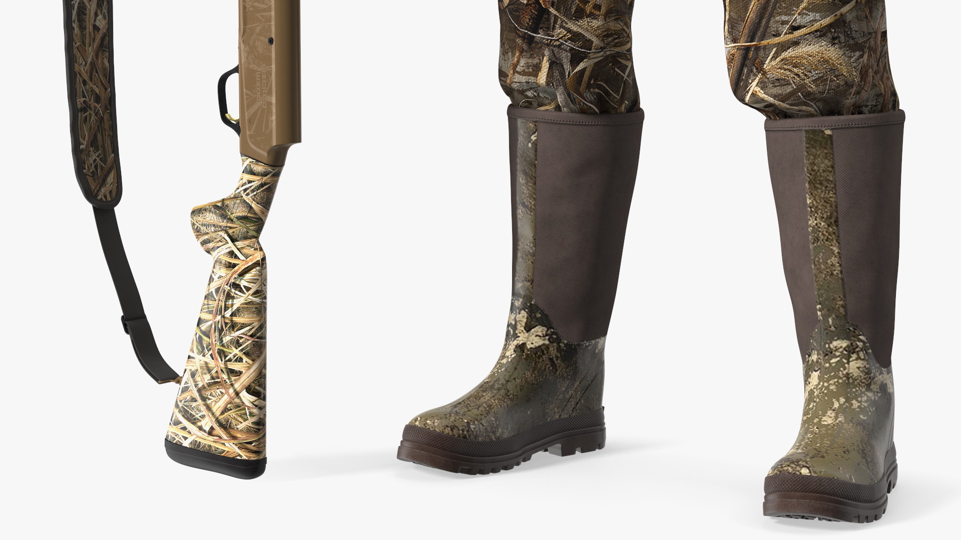 Modern Hunter With Gun A-pose in Grass Camo Fur 3D