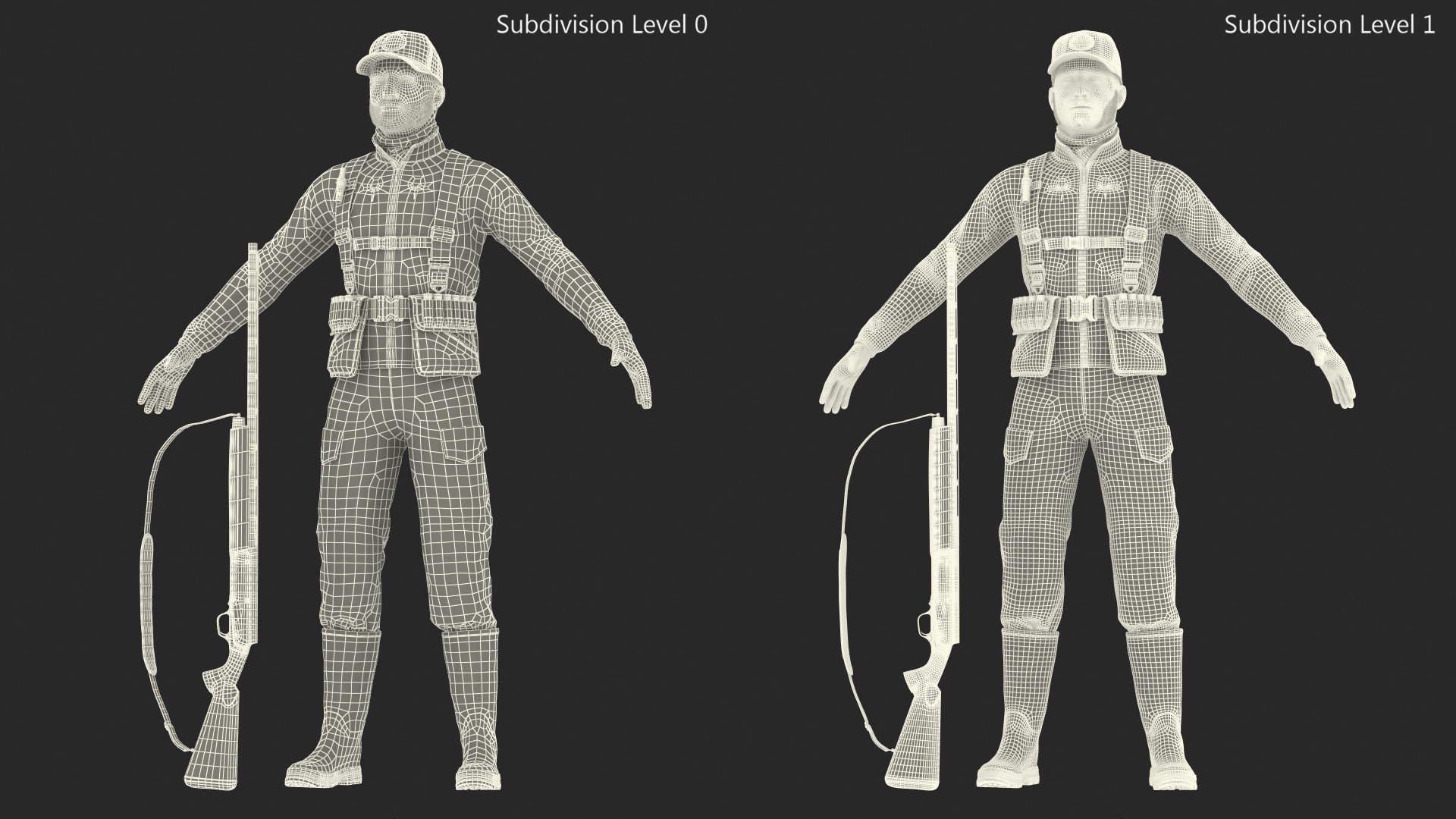 Modern Hunter With Gun A-pose in Grass Camo Fur 3D