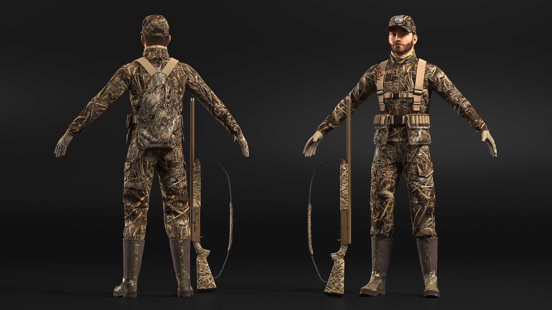 Modern Hunter With Gun A-pose in Grass Camo Fur 3D