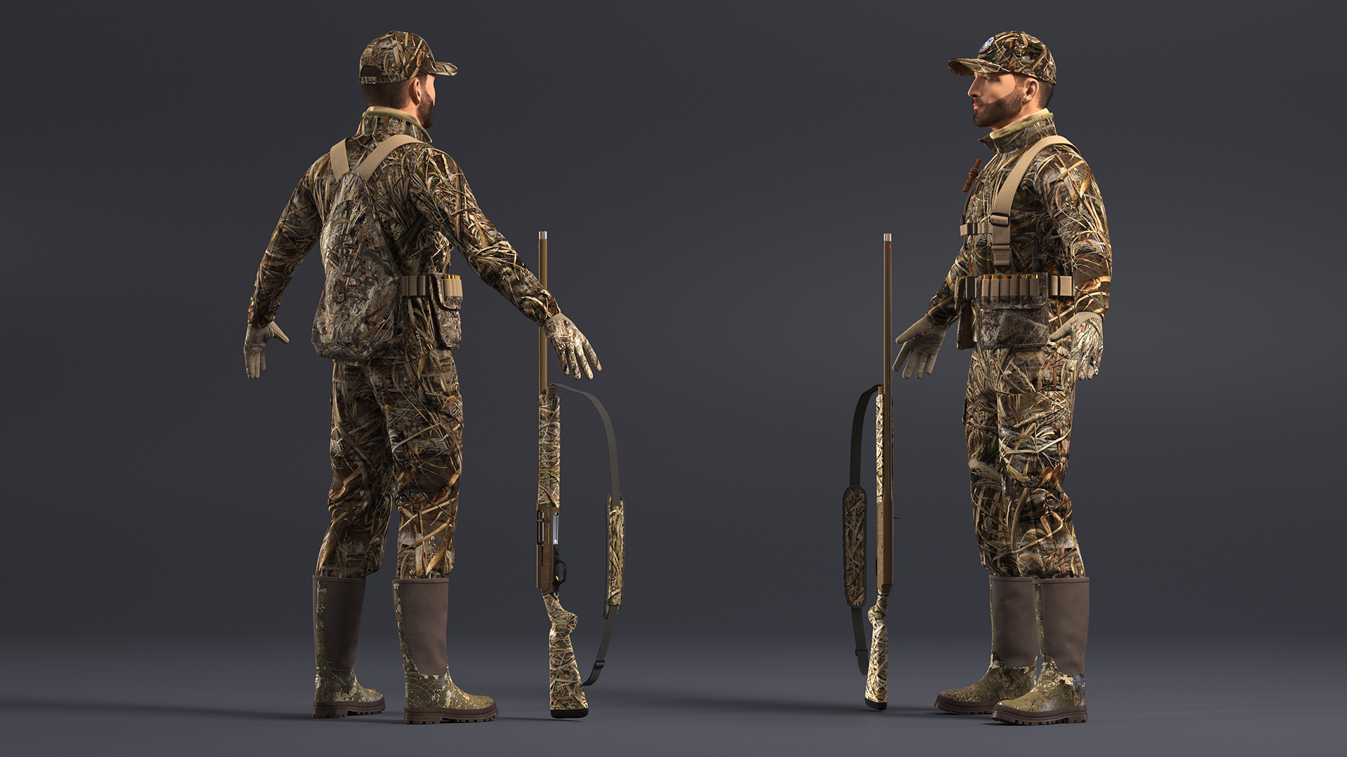 Modern Hunter With Gun A-pose in Grass Camo Fur 3D
