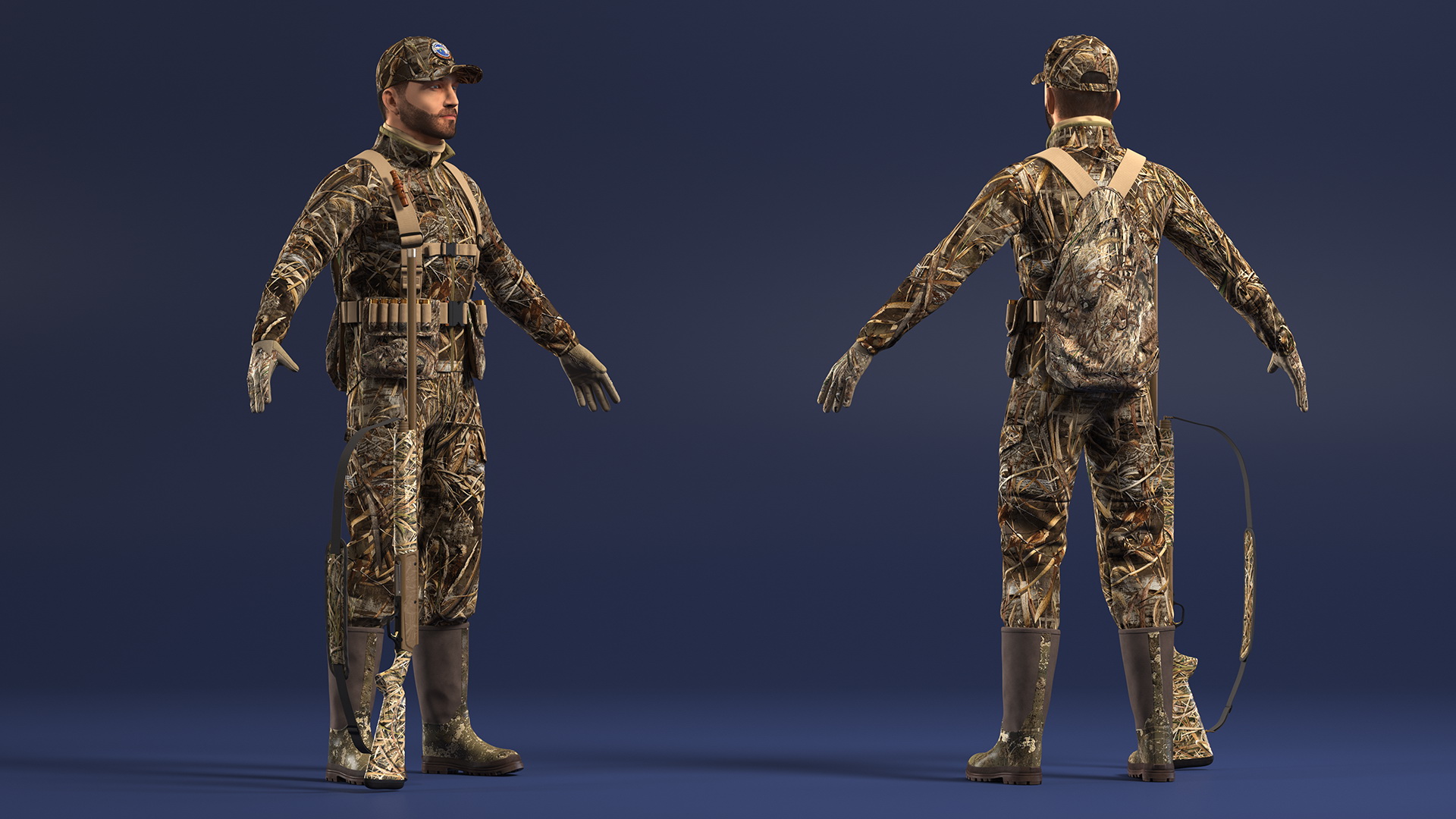 Modern Hunter With Gun A-pose in Grass Camo Fur 3D