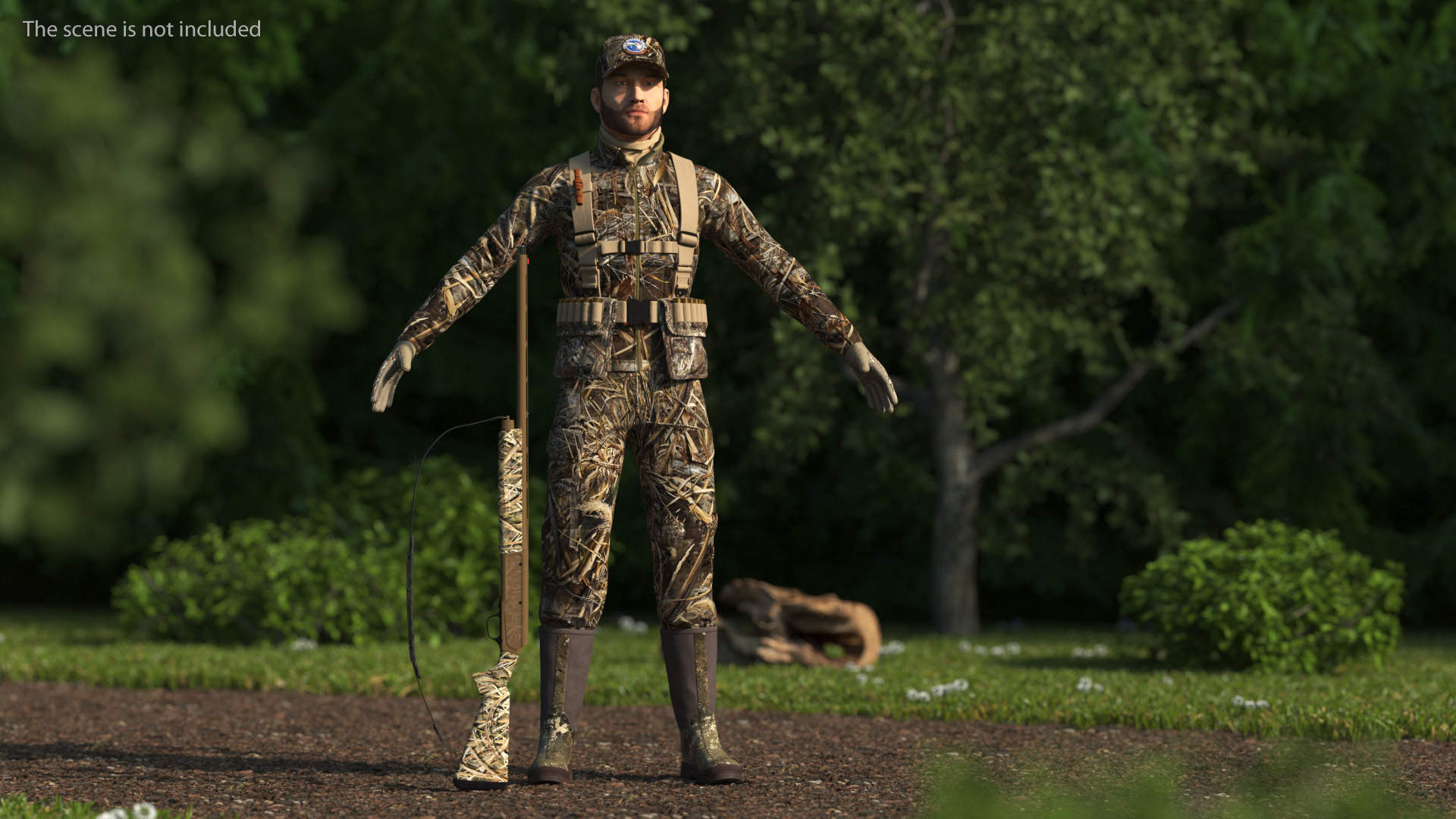 Modern Hunter With Gun A-pose in Grass Camo Fur 3D