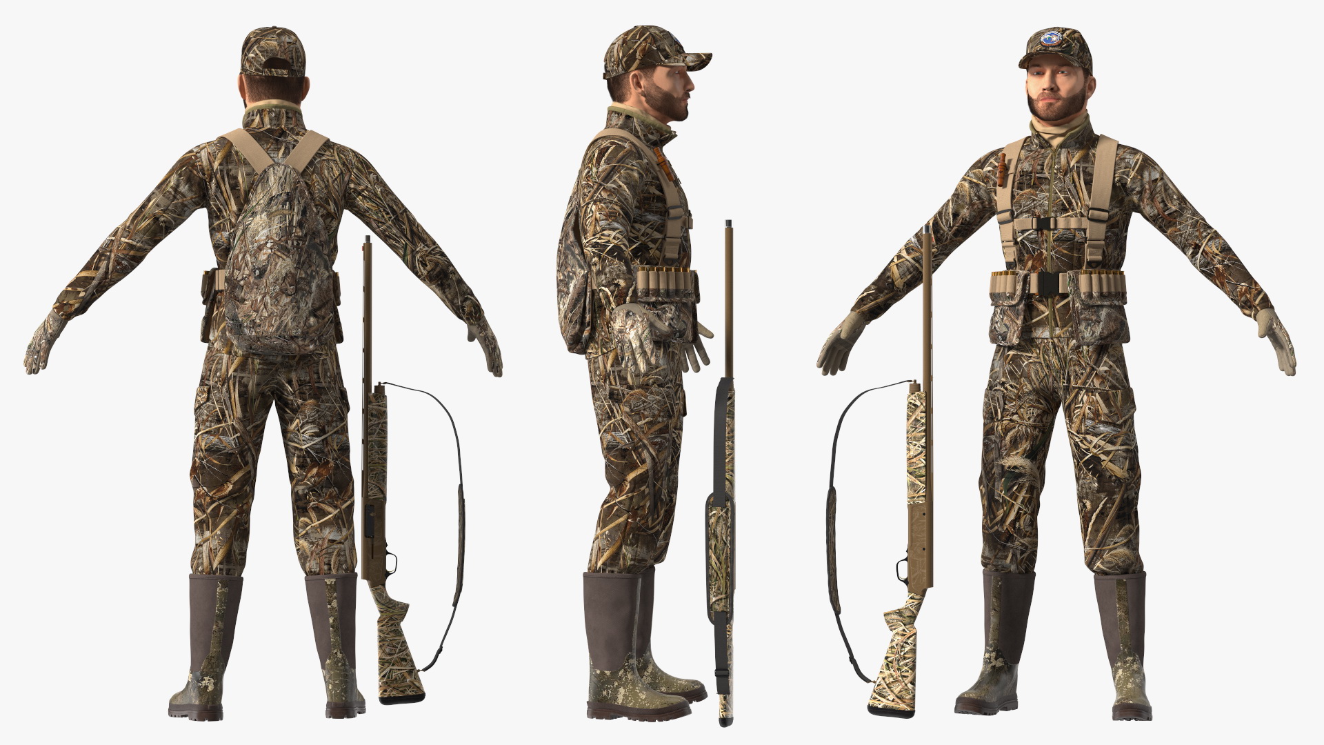 Modern Hunter With Gun A-pose in Grass Camo Fur 3D