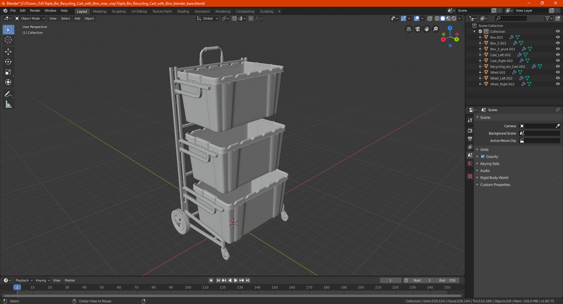 3D model Triple Bin Recycling Cart with Bins