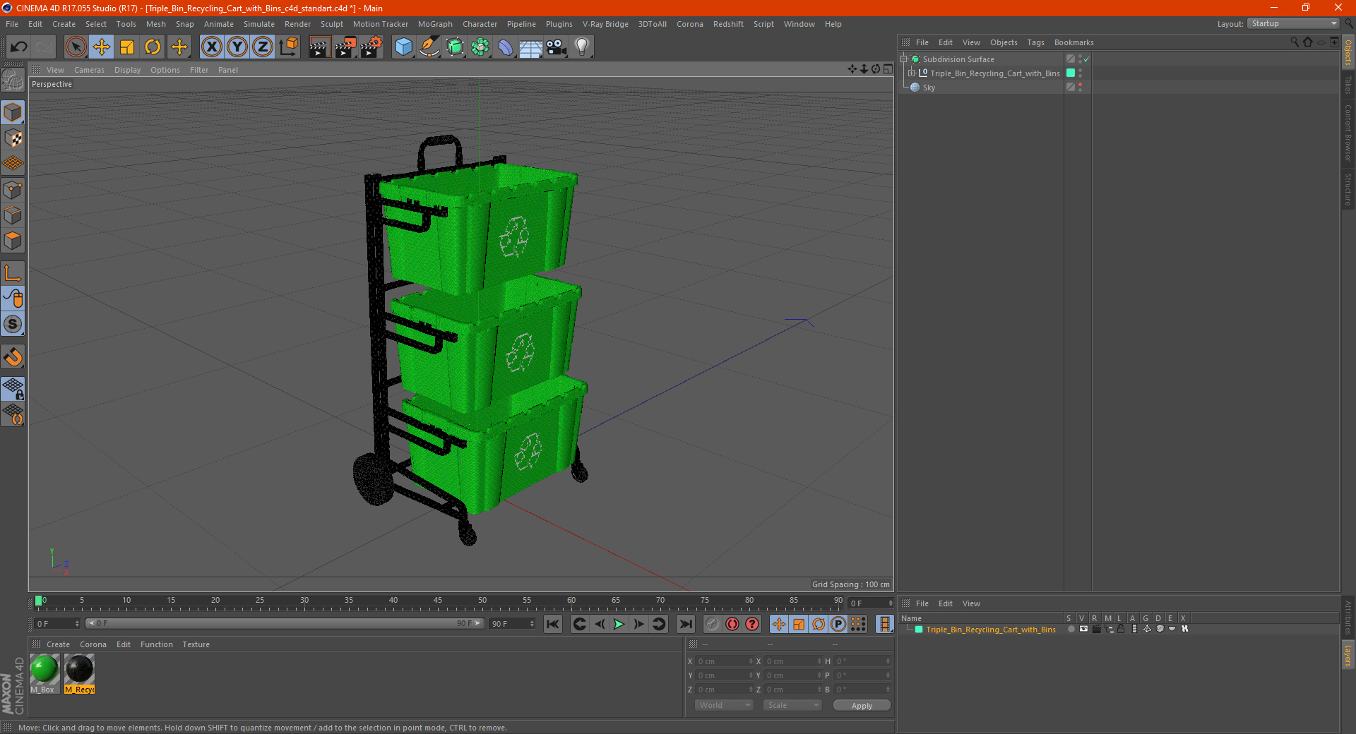 3D model Triple Bin Recycling Cart with Bins